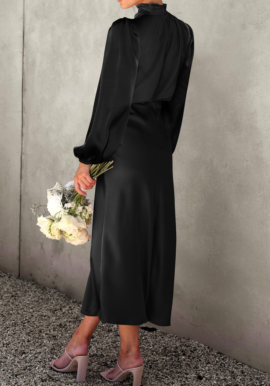 BTFBM Womens Mock Neck Satin Dress Spring Summer Long Sleeve Lightweight Formal Wedding Party Maxi Cocktail Dresses