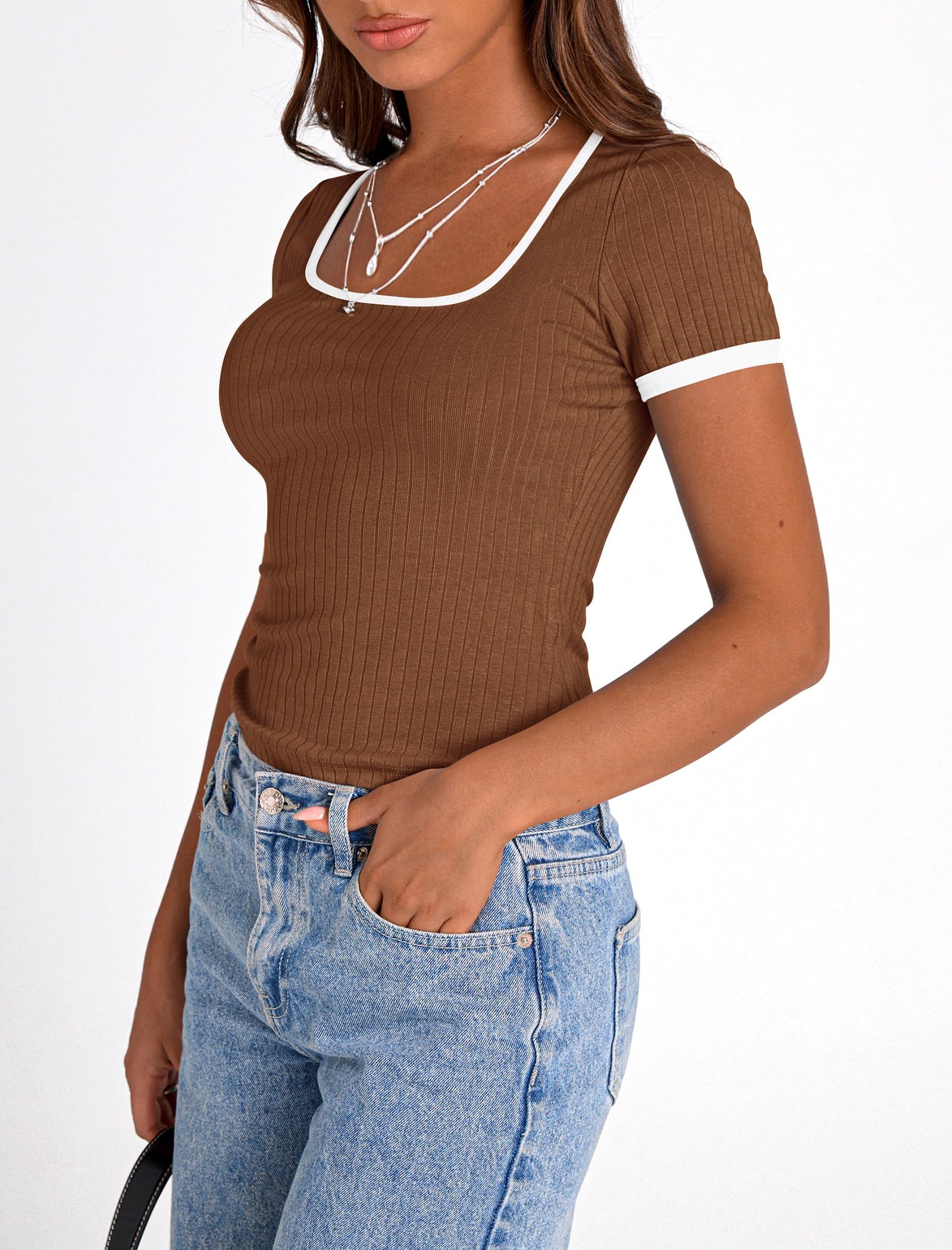 PRETTYGARDEN Women's Summer Short Sleeve T Shirts Ribbed Knit Square Neck Color Block Slim Fit Basic Casual Crop Tops Blouses