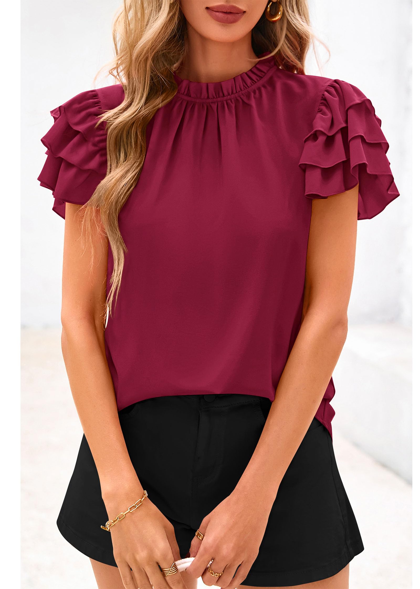 FreshPretty Blouses for Women Dressy Casual Spring Summer Ruffle Short Sleeve Mock Neck Work Shirts Tops Fashion Clothing
