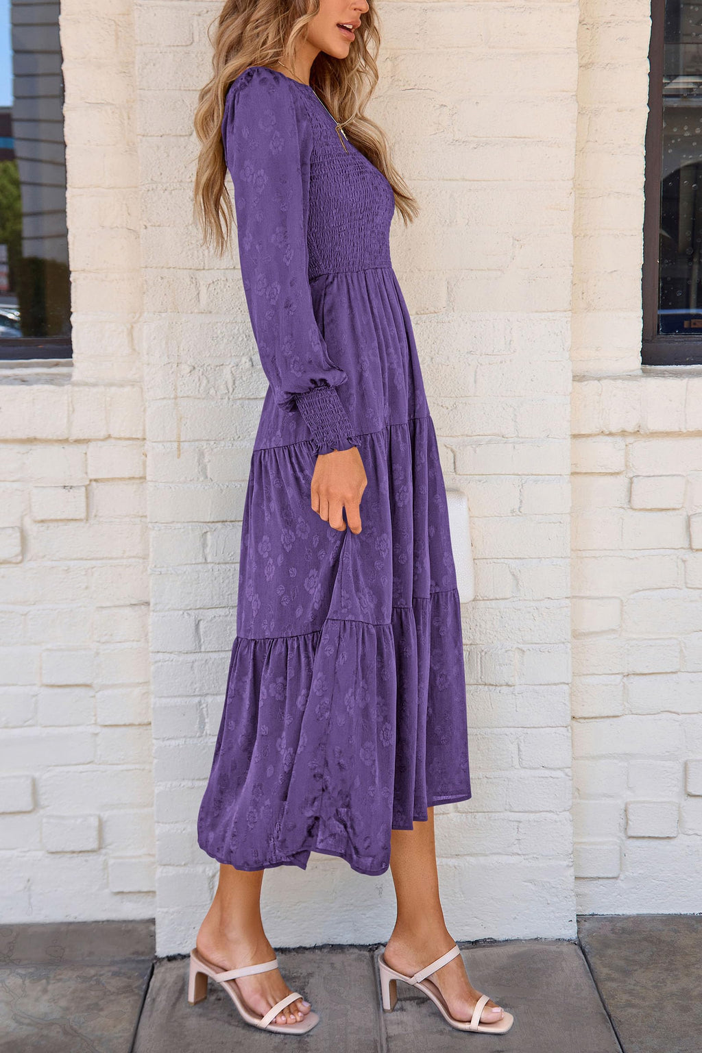 PRETTYGARDEN Women's Fall Spring Midi Dress Long Sleeve Floral Smocked Elegant Wedding Guest Long Flowy Dresses with Pockets