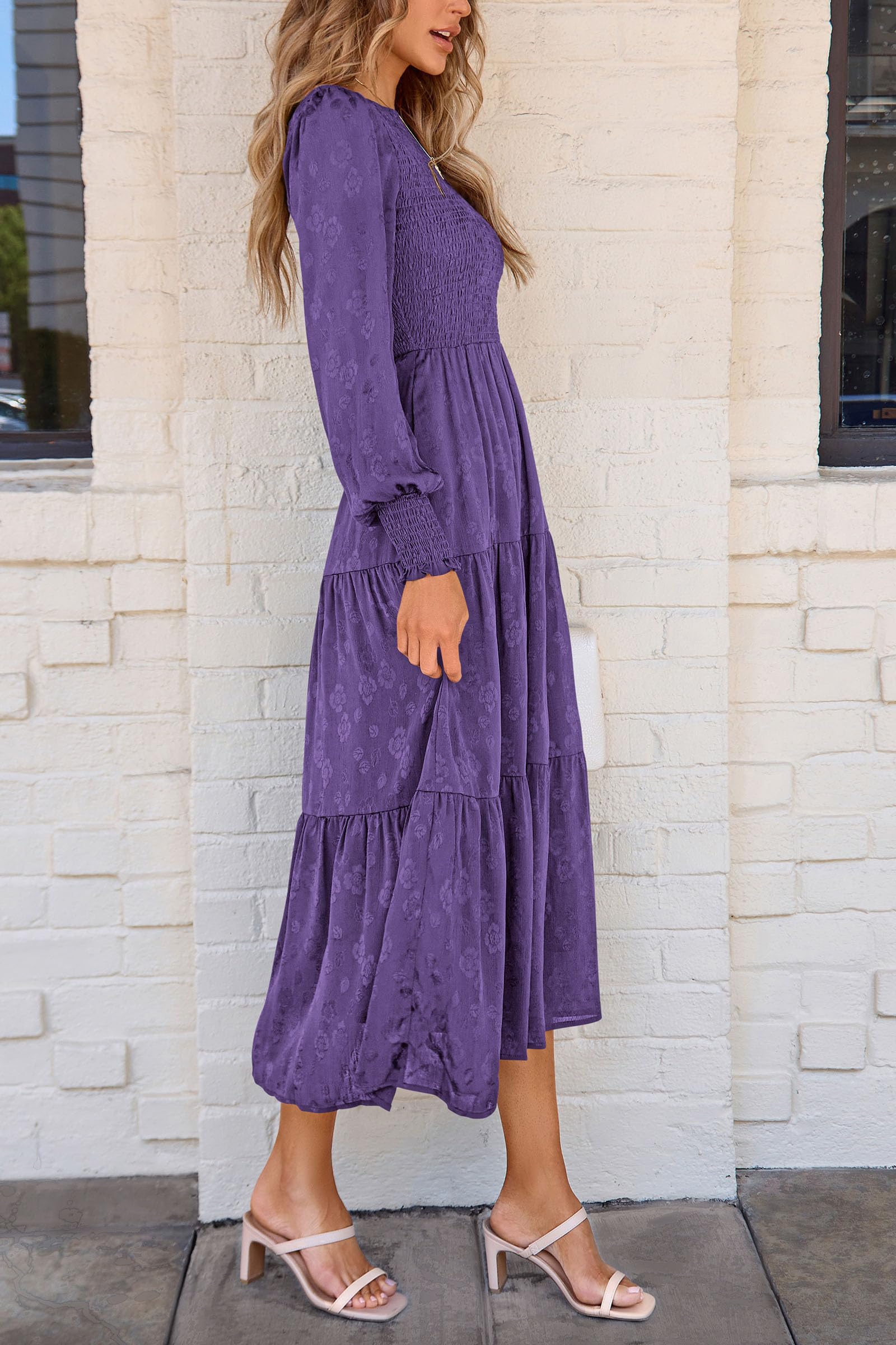 PRETTYGARDEN Women's Fall Spring Midi Dress Long Sleeve Floral Smocked Elegant Wedding Guest Long Flowy Dresses with Pockets