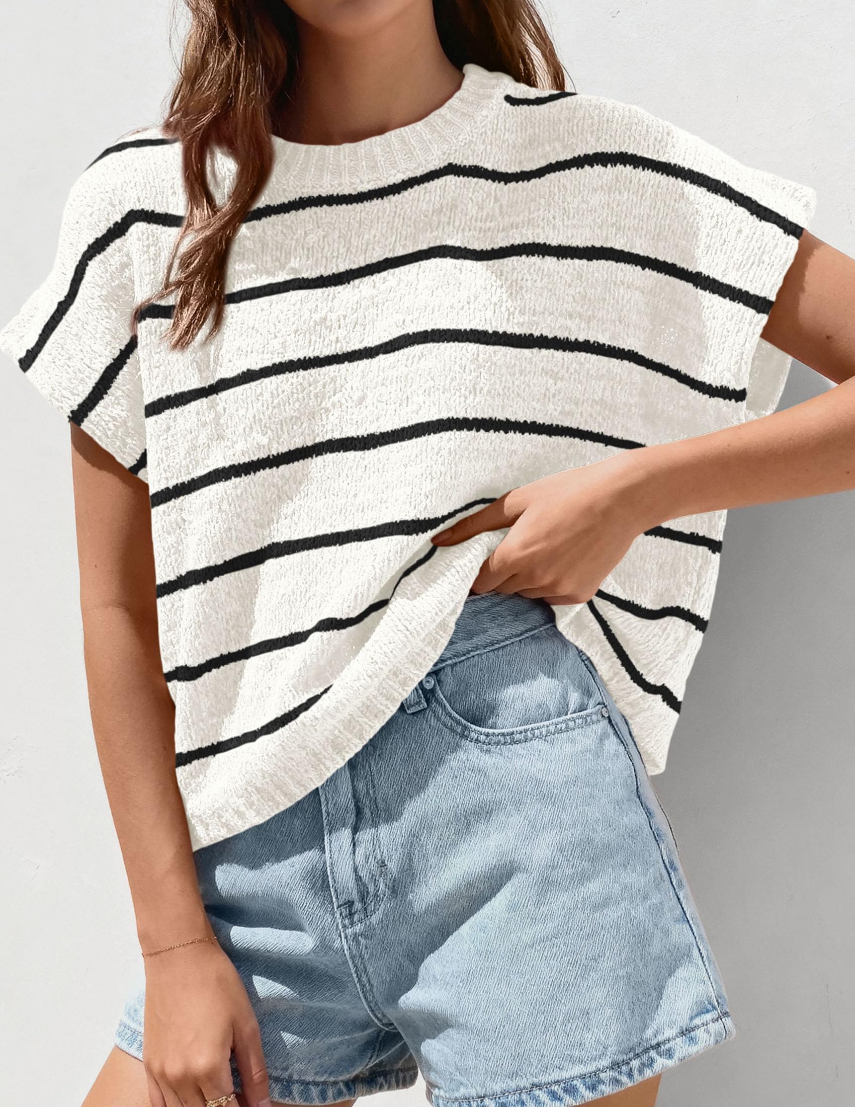 PRETTYGARDEN Womens Summer Short Sleeve Tops Trendy Crew Neck Striped Knit Sweater Business Casual Spring Clothes