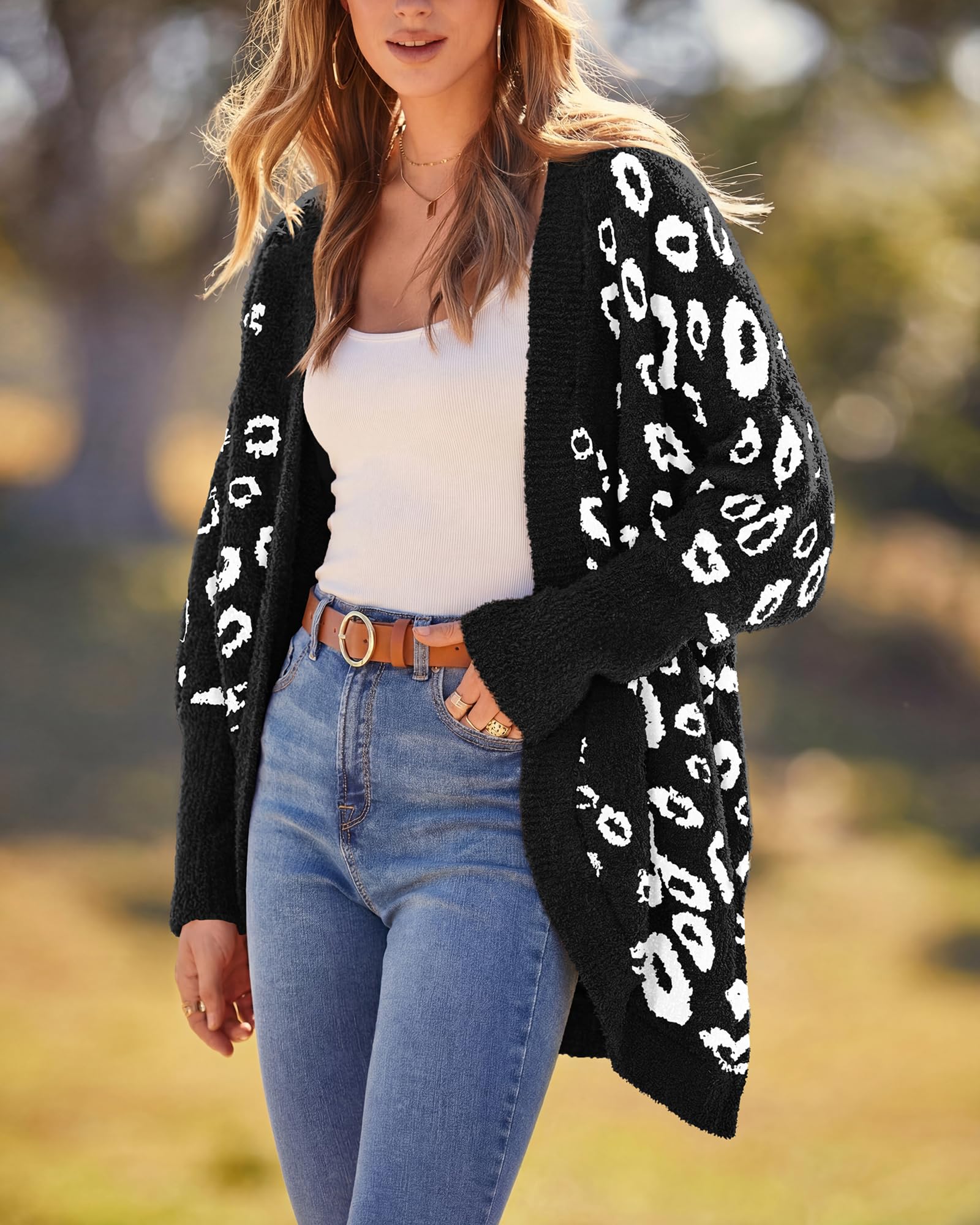BTFBM Leopard Cardigan for Women Long Sleeve Open Front Cardigans Sweaters Pockets Loose Knit Fall Spring Outwear