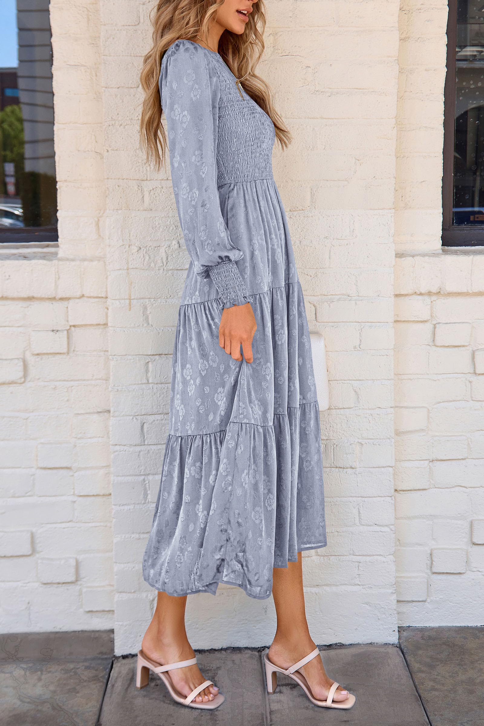 PRETTYGARDEN Women's Fall Spring Midi Dress Long Sleeve Floral Smocked Elegant Wedding Guest Long Flowy Dresses with Pockets