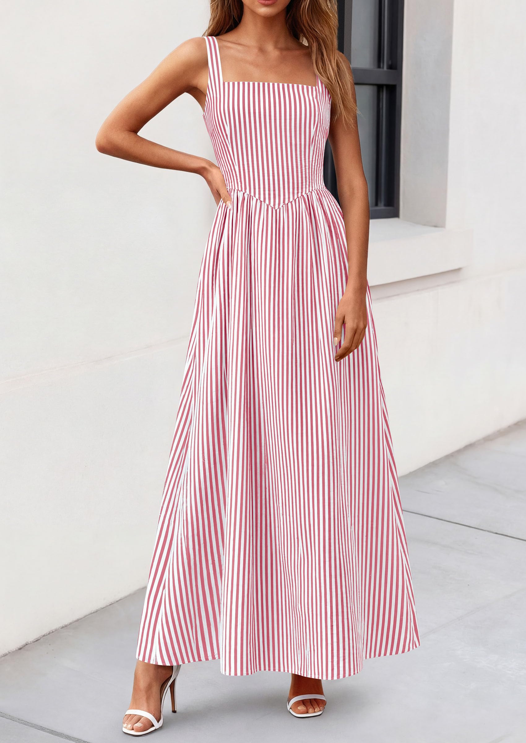 PRETTYGARDEN Women's Maxi Striped Dress Summer Sleeveless Square Neck Smocked A Line Long Flowy Spring Vacation Sundress