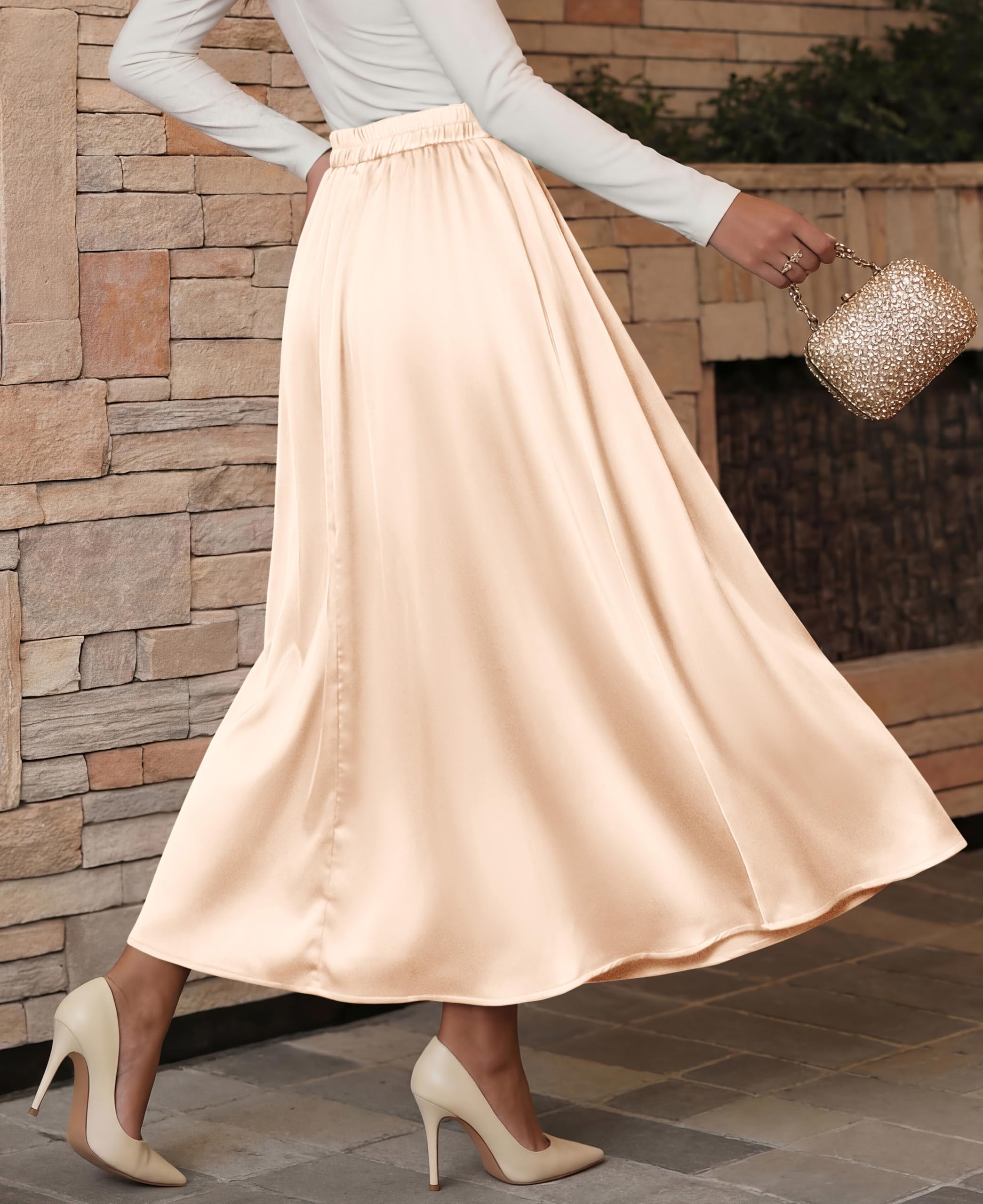 BTFBM Satin Skirts for Women Summer Elegant Flowy A-Line Cocktail Formal Silk Spring Maxi Skirt Night Out Outfits