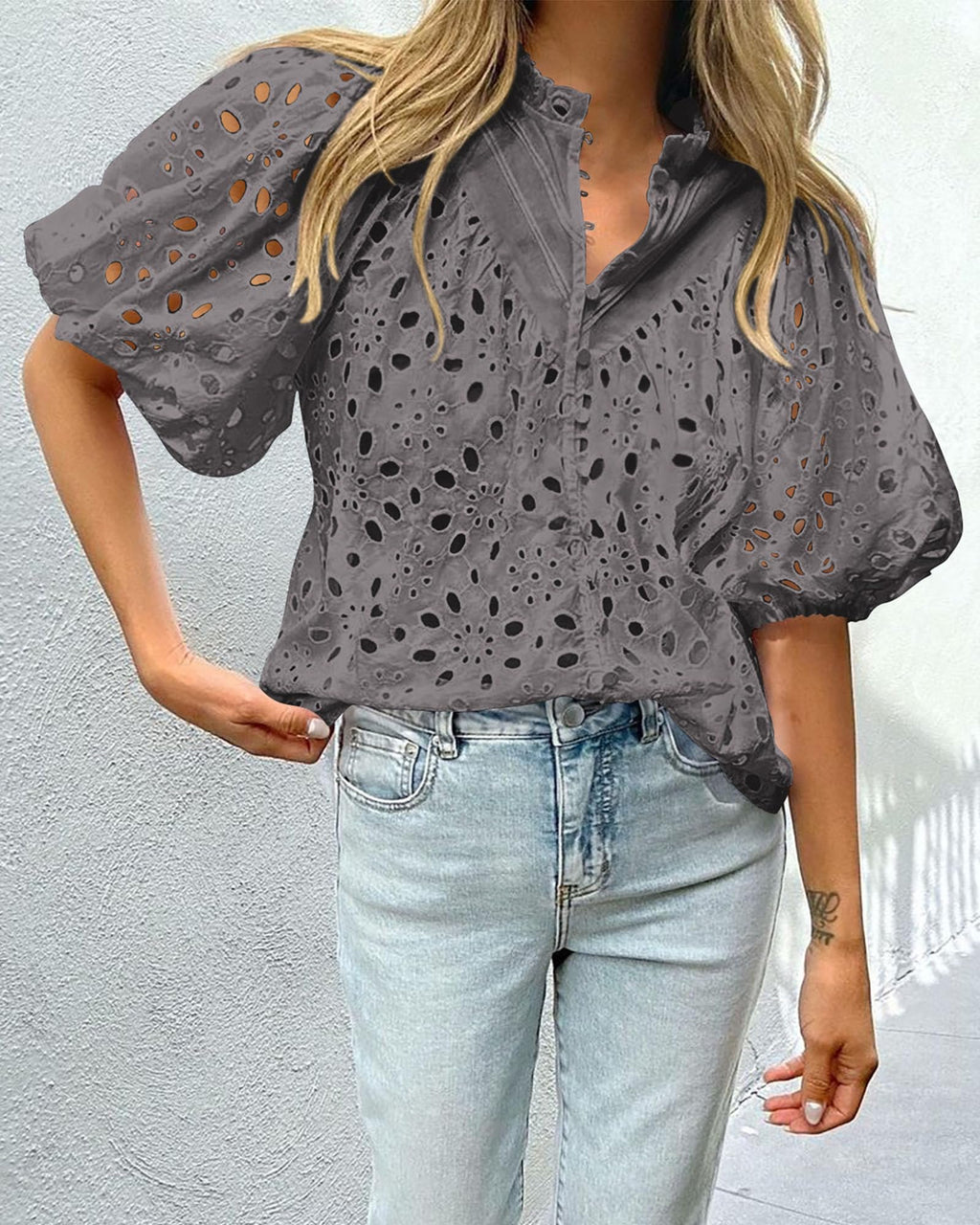 PRETTYGARDEN Women's Summer Tops Dressy Casual Short Sleeve V Neck Buttons Hollow Out Lace Embroidered Blouses Shirts
