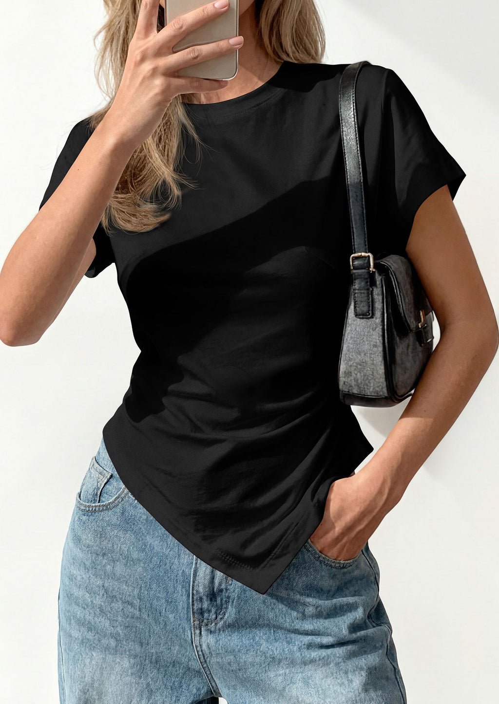 PRETTYGARDEN Womens Short Sleeve Crew Neck Trendy Shirts Spring Summer Y2K Going Out Tops Asymmetrical Ruched Blouse