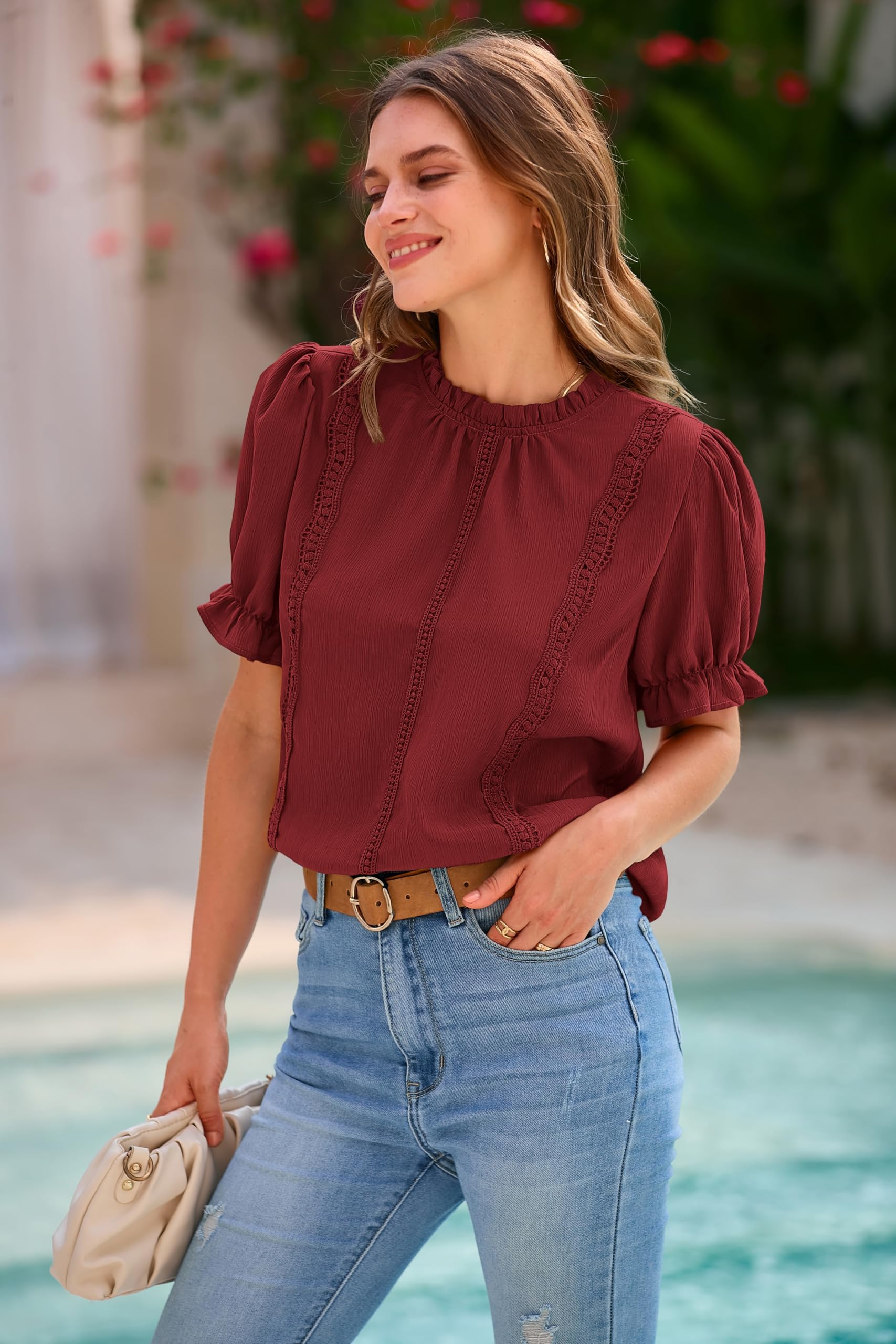 PRETTYGARDEN Womens Summer Tops Trendy Mock Neck Puff Sleeve Blouse Dressy Casual Business Western Shirts Spring Clothes