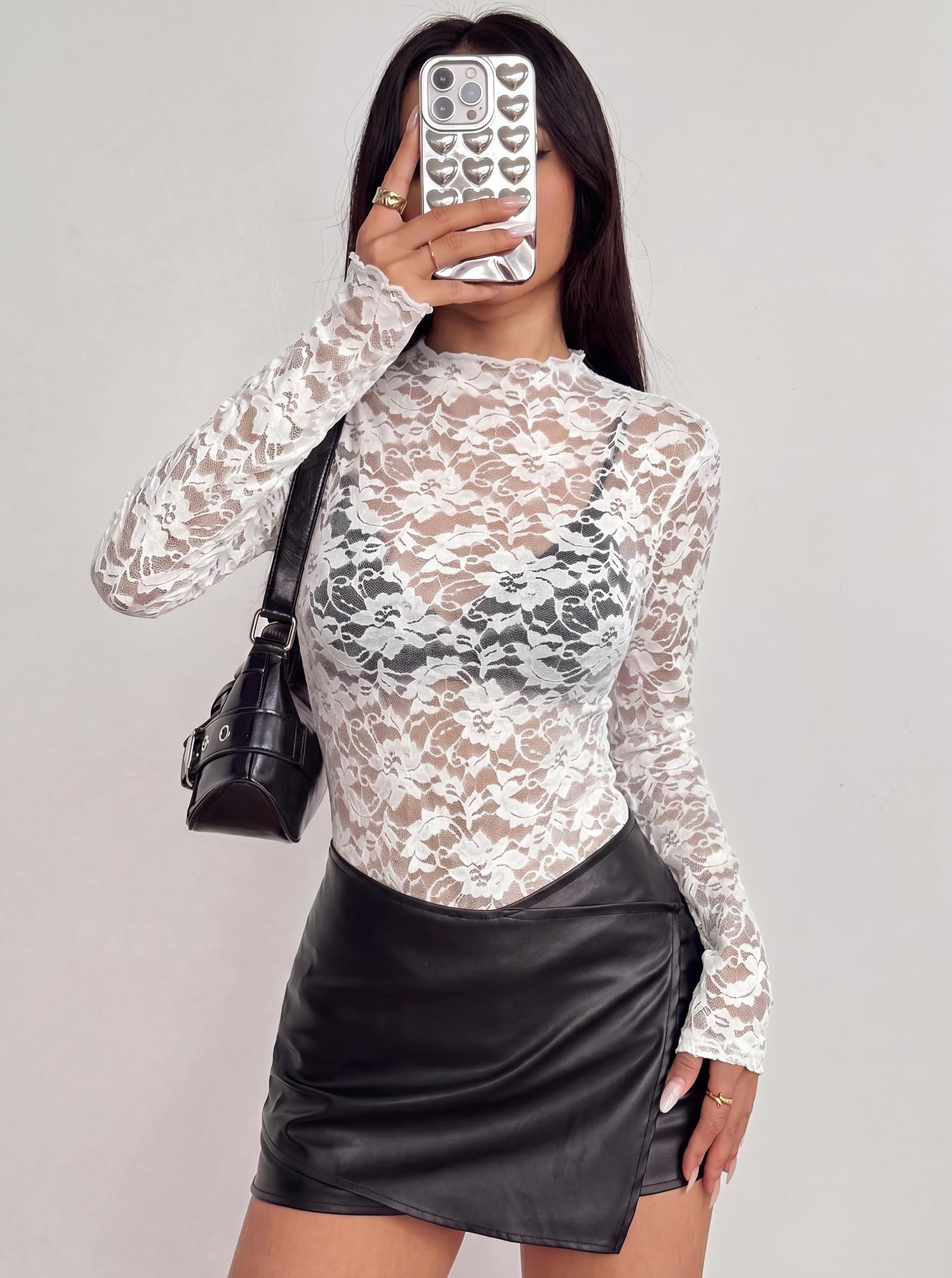 BTFBM Lace Long Sleeve Tops for Women Sexy Mesh Sheer Shirt | Mock Neck,Slim Fitted,Party,Club Outfits,Fall Winter