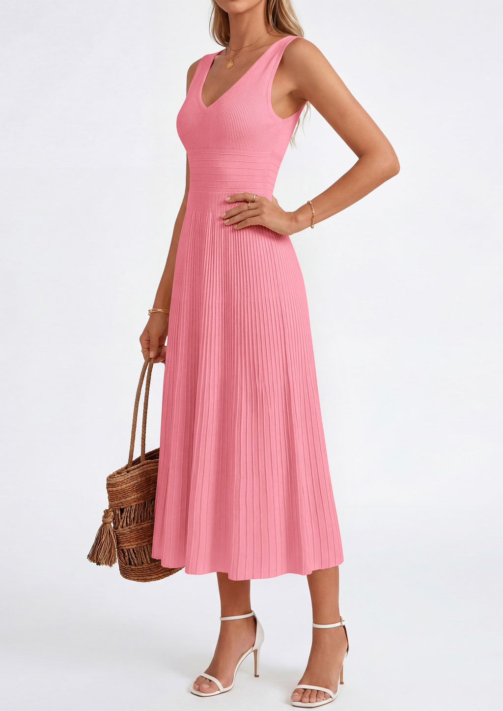 PRETTYGARDEN Women's Summer Casual Dresses Spring Sleeveless V Neck Knit Midi Business Work A Line Cocktail Dress