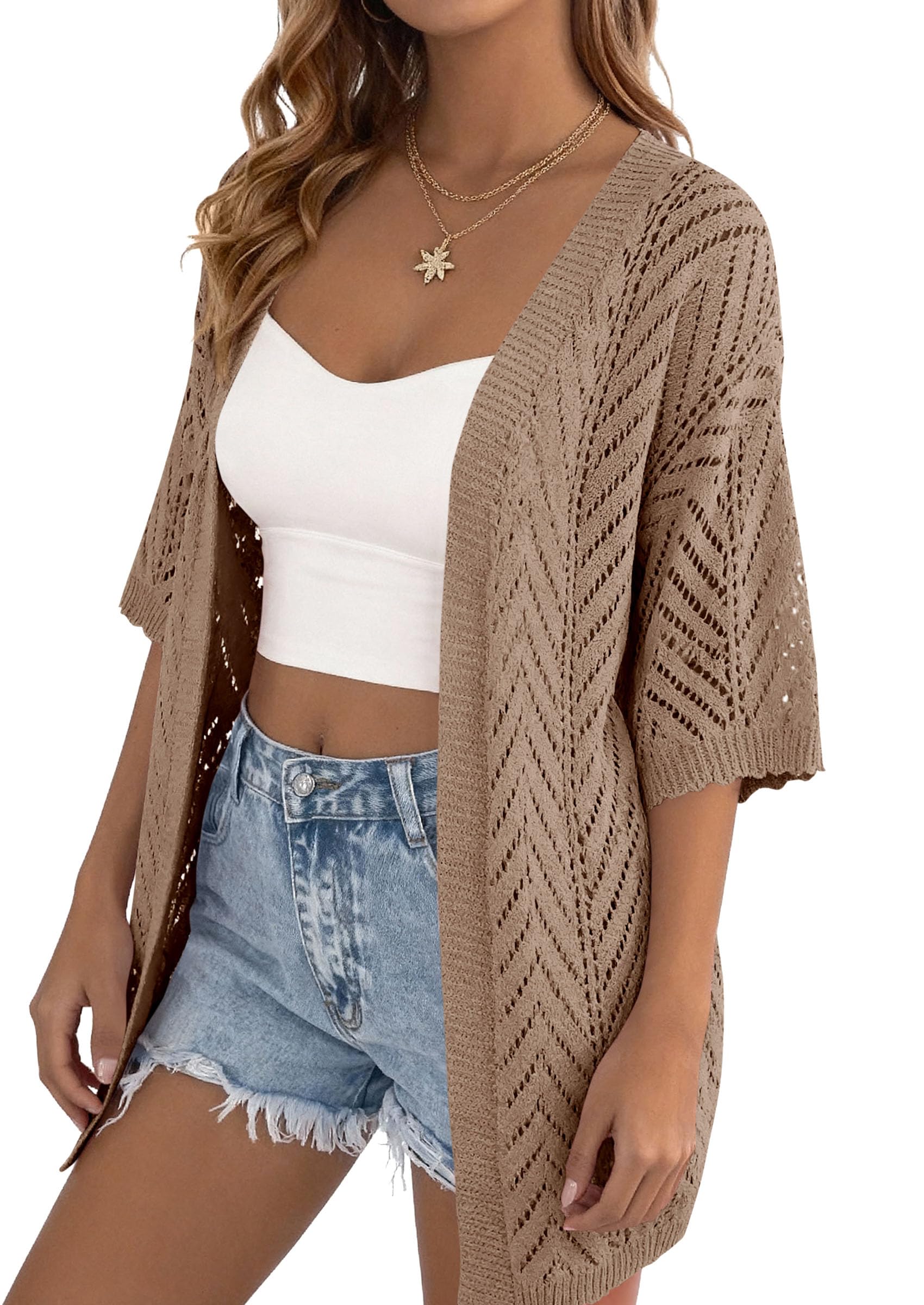 PRETTYGARDEN Women's Lightweight Summer Cardigans Short Sleeve Knit Crochet Coverups Spring Boho Beach Vacation Clothes