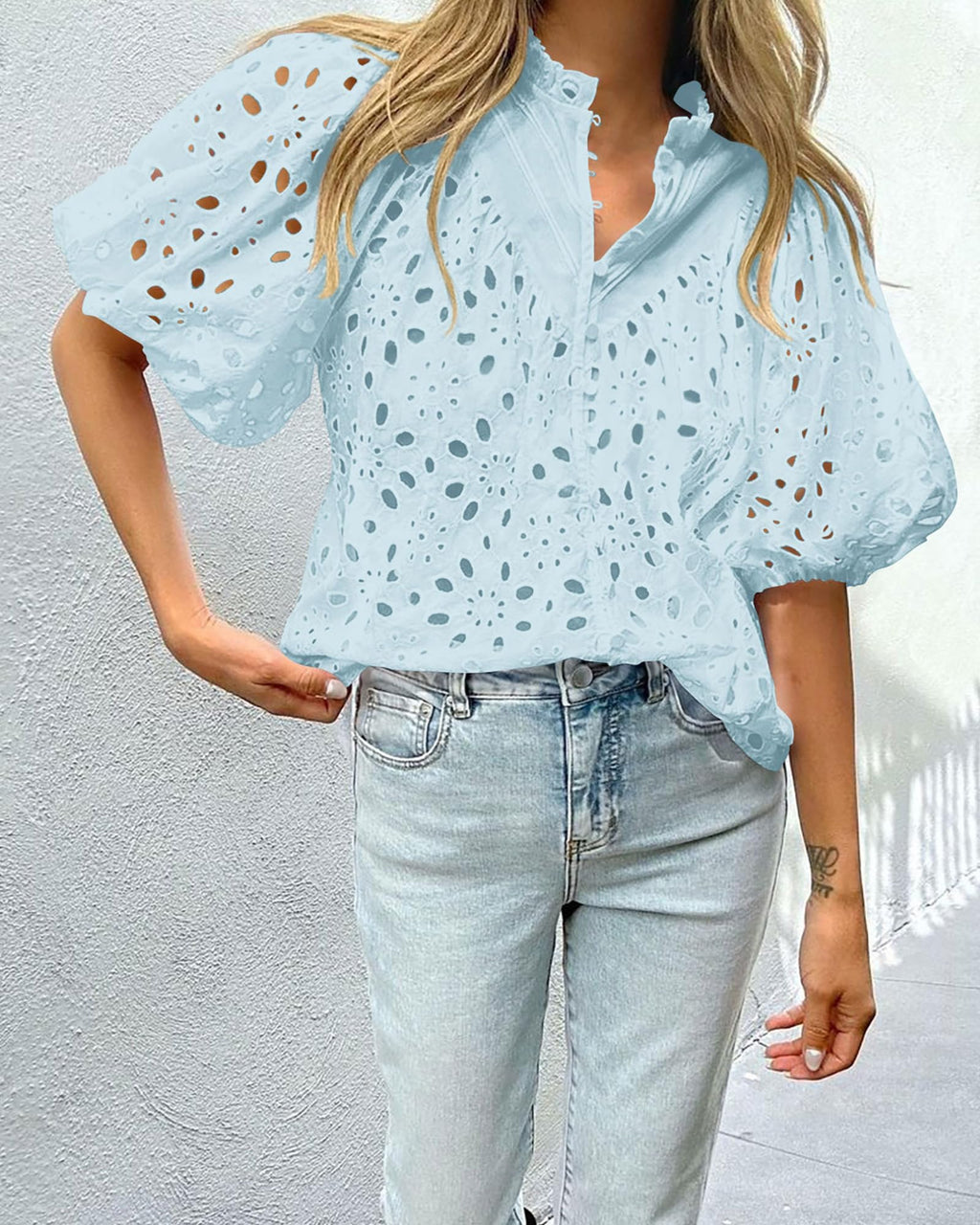 PRETTYGARDEN Women's Summer Tops Dressy Casual Short Sleeve V Neck Buttons Hollow Out Lace Embroidered Blouses Shirts