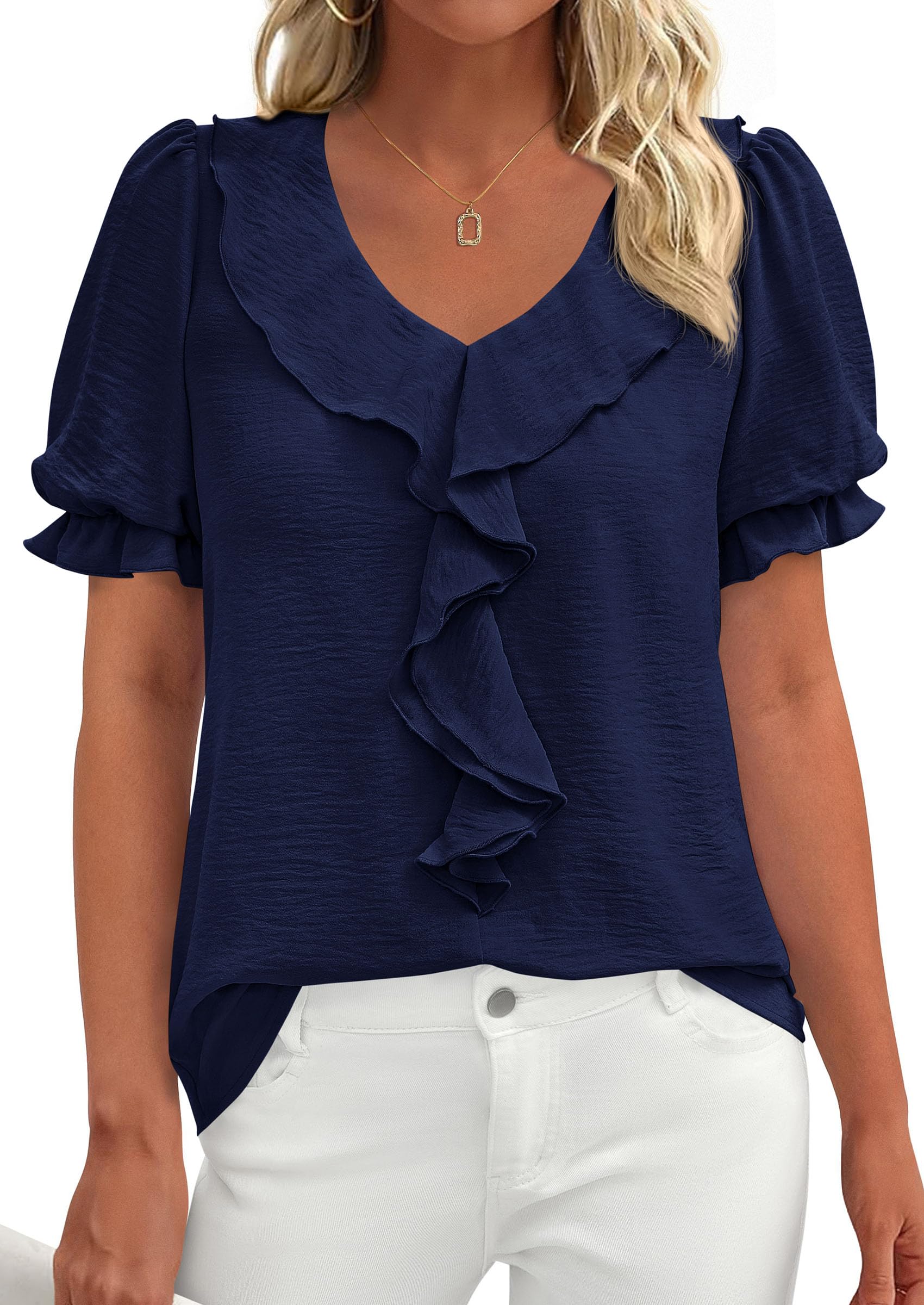 PRETTYGARDEN Women's Summer Dressy Casual Blouses Short Sleeve V Neck Ruffle Business Work Tops Trendy Spring Outfits