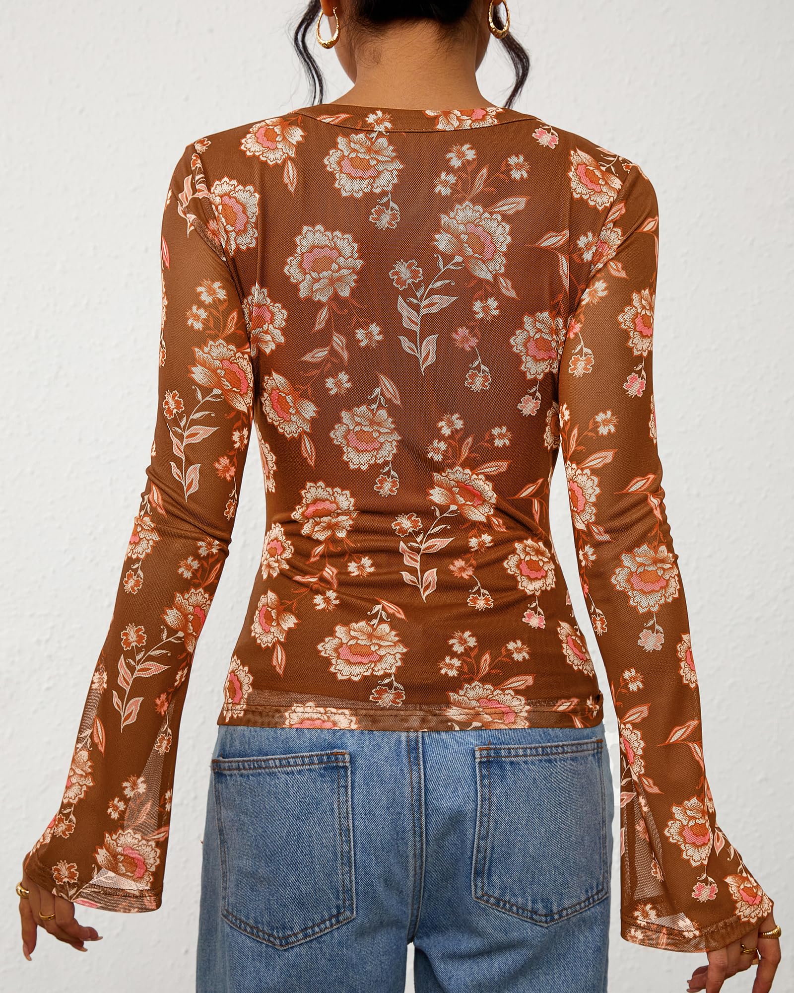 FreshPretty Button Down Shirts for Women Fall Fashion V Neck Long Sleeve Blouse Ruched Mesh Fitted Floral Print Boho Tops