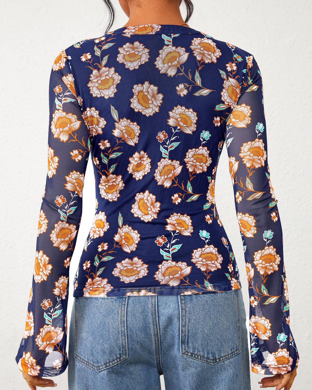 FreshPretty Button Down Shirts for Women Fall Fashion V Neck Long Sleeve Blouse Ruched Mesh Fitted Floral Print Boho Tops