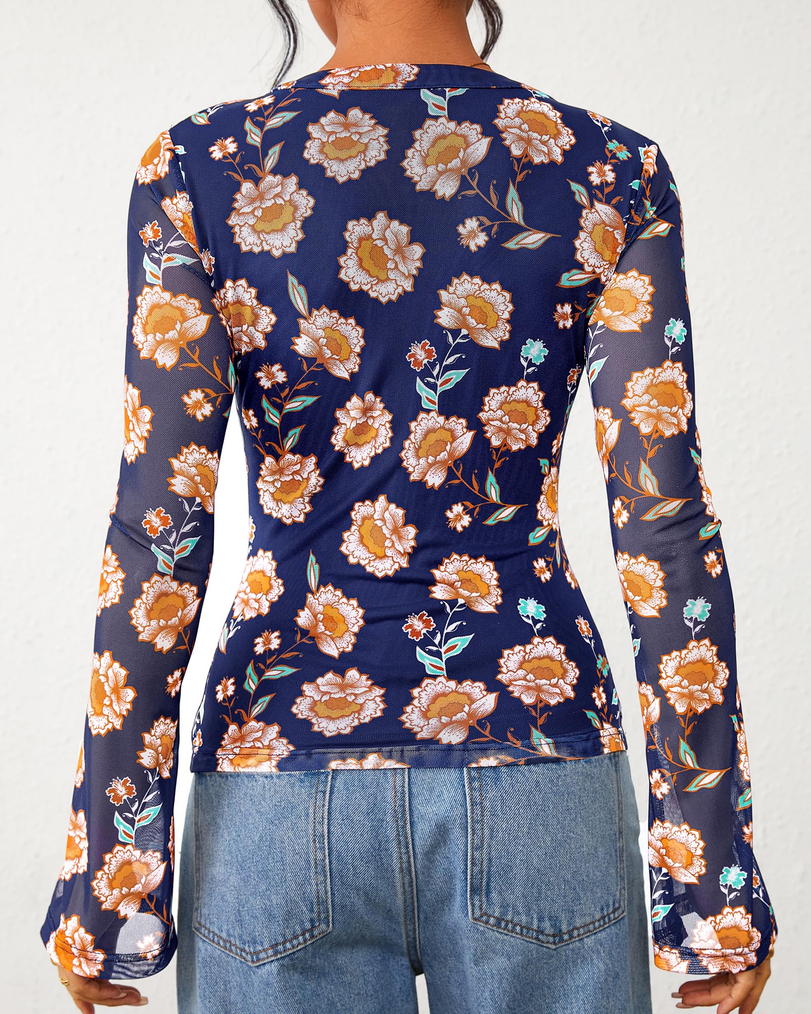 FreshPretty Button Down Shirts for Women Fall Fashion V Neck Long Sleeve Blouse Ruched Mesh Fitted Floral Print Boho Tops