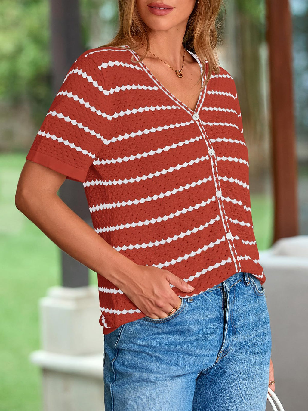 FreshPretty Women's Short Sleeve Sweater Spring Summer Crochet Knit Tops V Neck Striped Button Down Dressy Casual Blouses