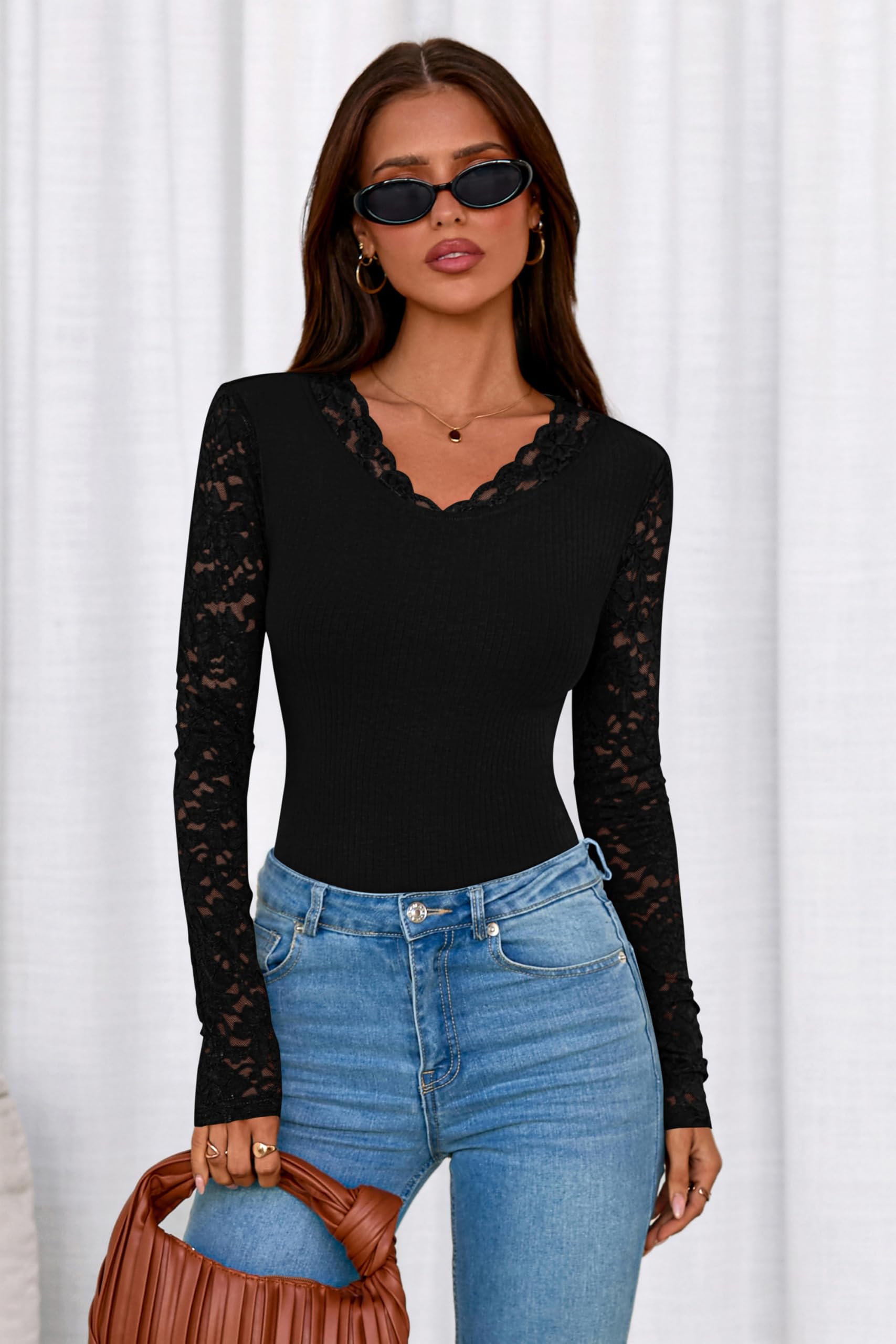 FreshPretty Fall Lace Long Sleeve Tops for Women Trendy Slim Fitted V Neck Knit Going Out Outfits Basic Sexy Tight T Shirts.