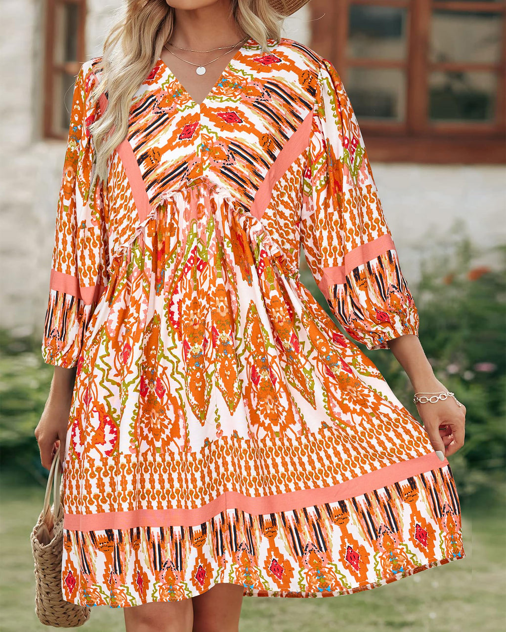 BTFBM Women Casual Spring Summer Dresses V Neck 3/4 Long Sleeve Ruffle Floral Flowy Boho Babydoll Mini Short Beach Dress