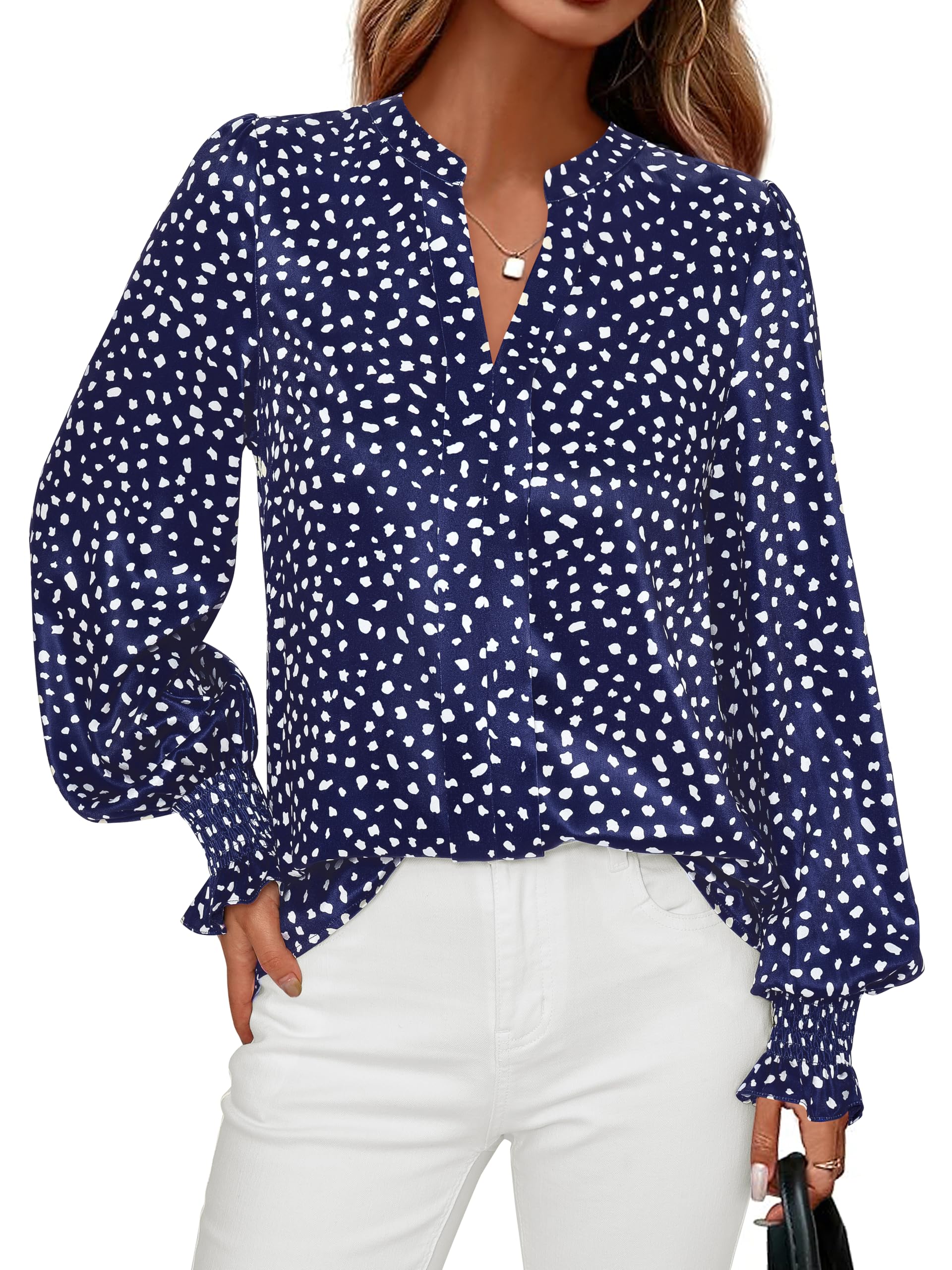 FreshPretty Womens Boho Floral Long Sleeve Tops Fall Fashion V Neck Loose Chiffon Work Blouses Dressy Casual Ruffle Shirts