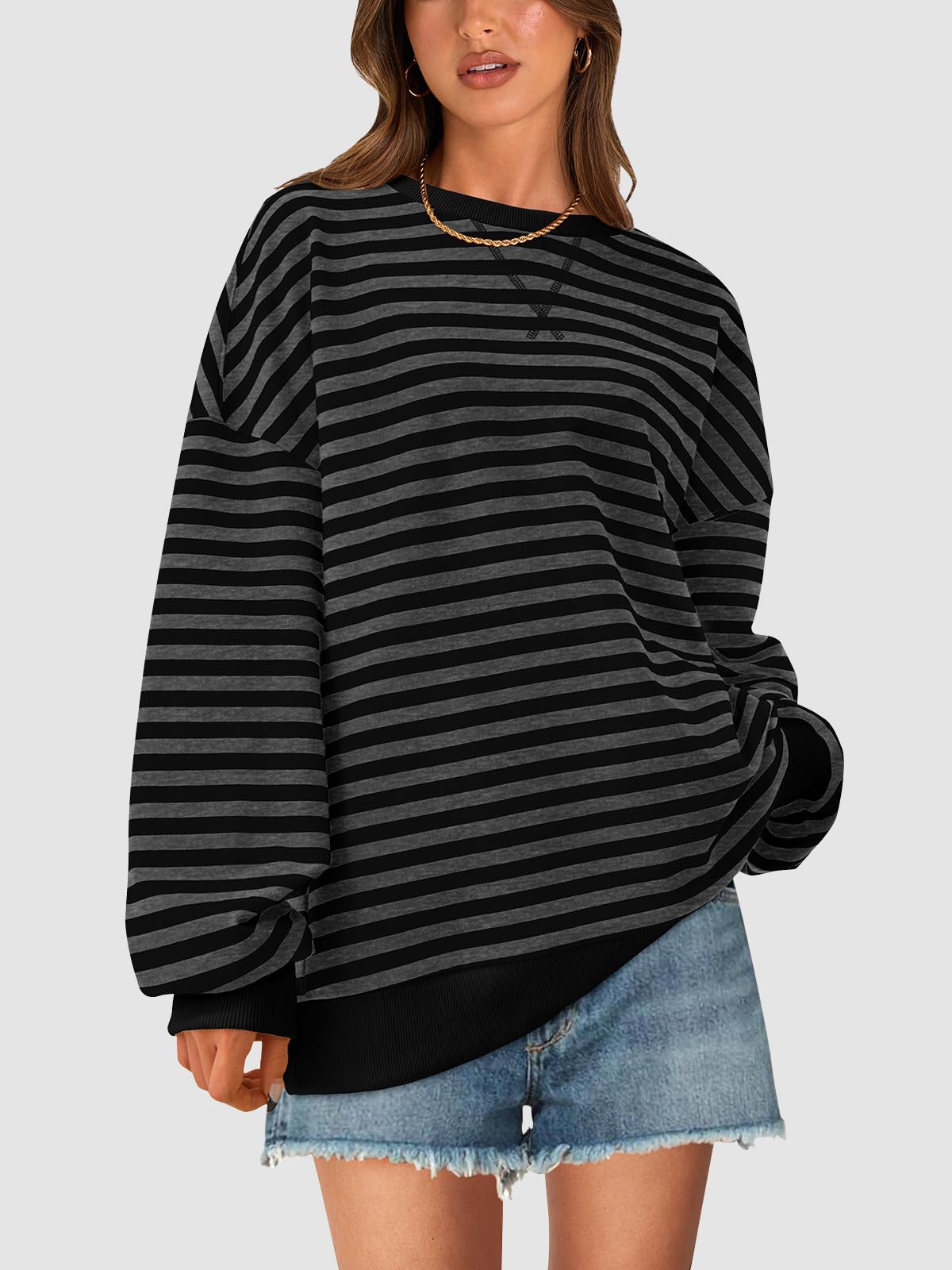 PRETTYGARDEN Womens Striped Oversized Sweatshirt Color Block Crew Neck Long Sleeve Casual Loose Pullover Top Y2K Clothes