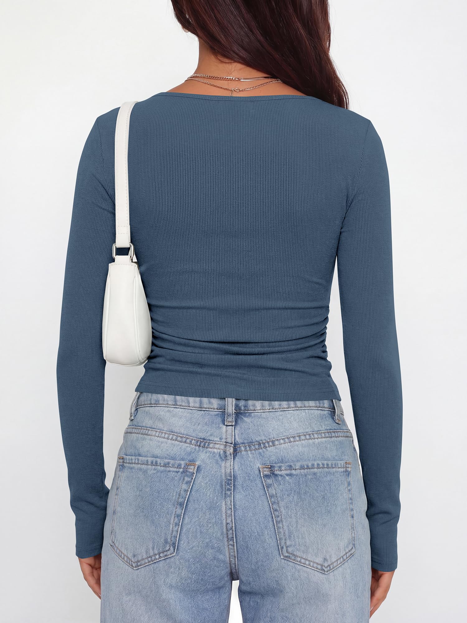 BTFBM Womens Long Sleeve T Shirts Spring Clothes Ribbed Slim Fit Boat Neck Casual Going Out Tops Workout Outfits