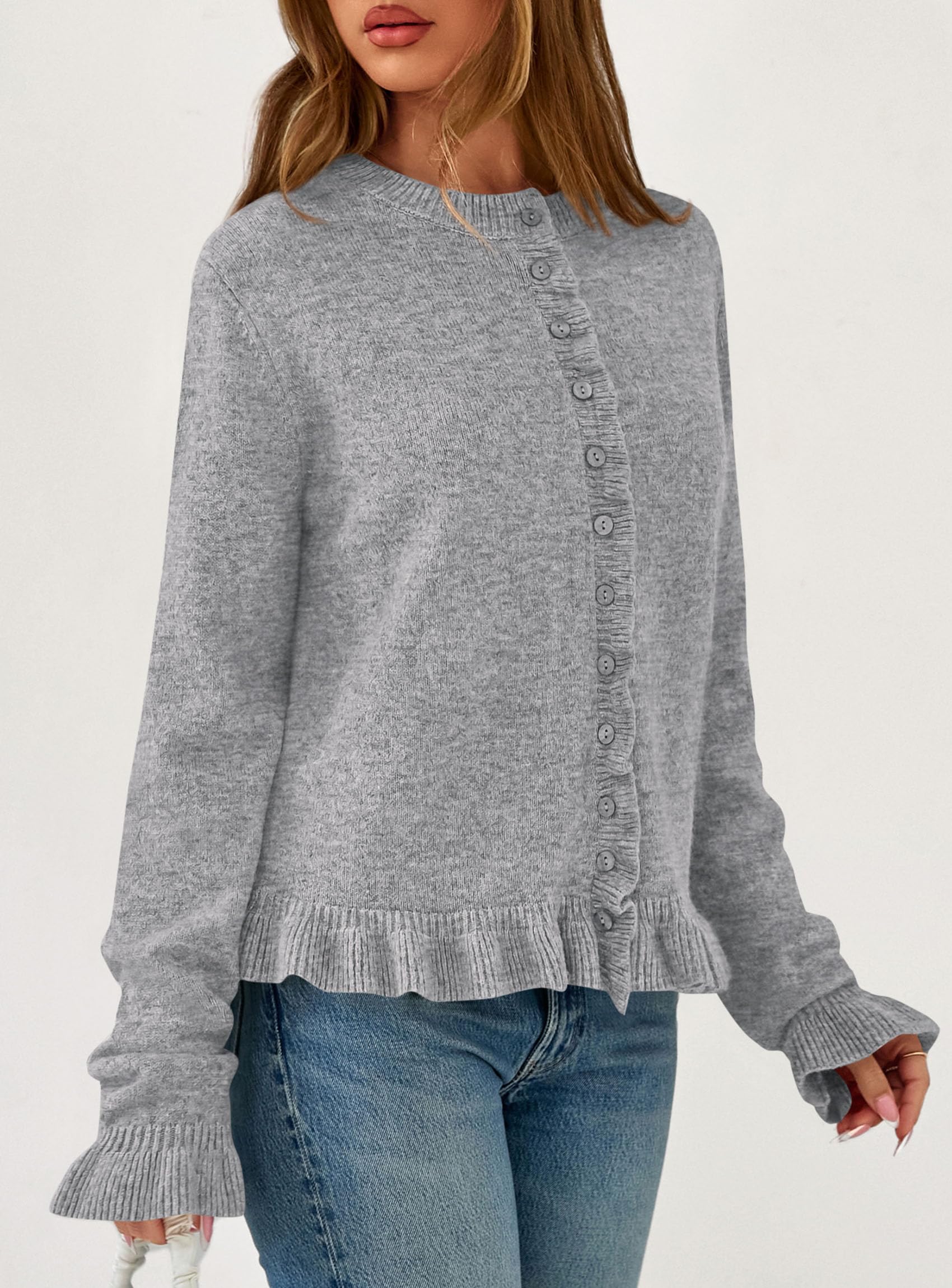 PRETTYGARDEN Womens Fall Button Down Cardigans Chunky Knit Ruffle Open Front Cropped Cardigan Sweaters Soft Long Sleeve Tops