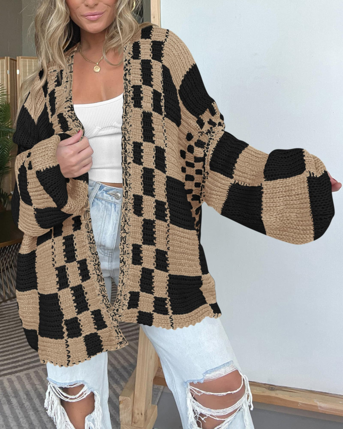 BTFBM Casual Cardigan Sweater for Women Fall Long Sleeve Sweaters Fall Outfits, Loose Fit,Solid,Open Front Chunky Knit Sweaters,Chunky Cardigan Sweaters For Women,Checkered Outwear Coat