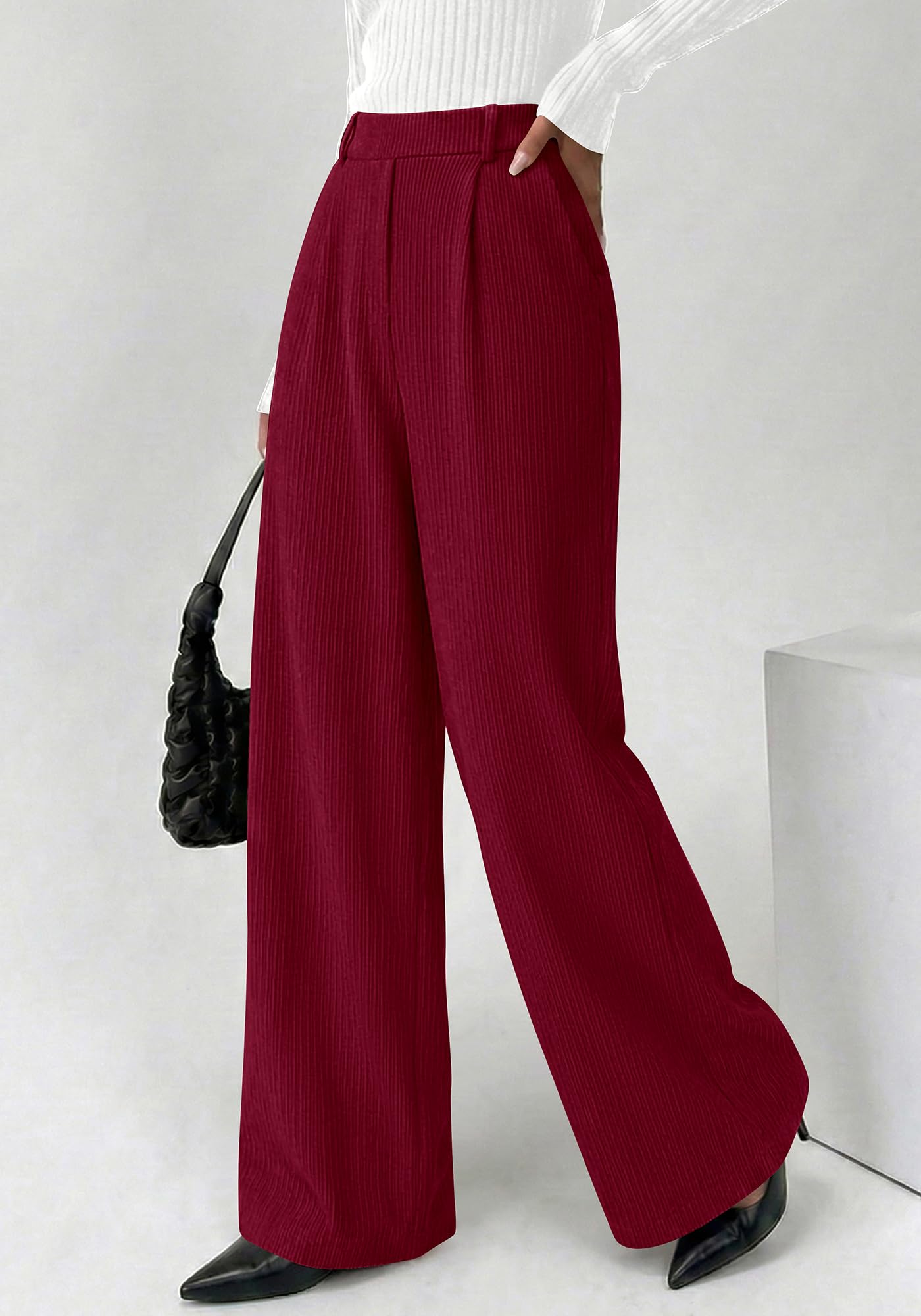BTFBM Wide Leg Pants for Women Dressy Work Business Casual Elastic High Waisted Trousers Ribbed Lounge Palazzo Pants