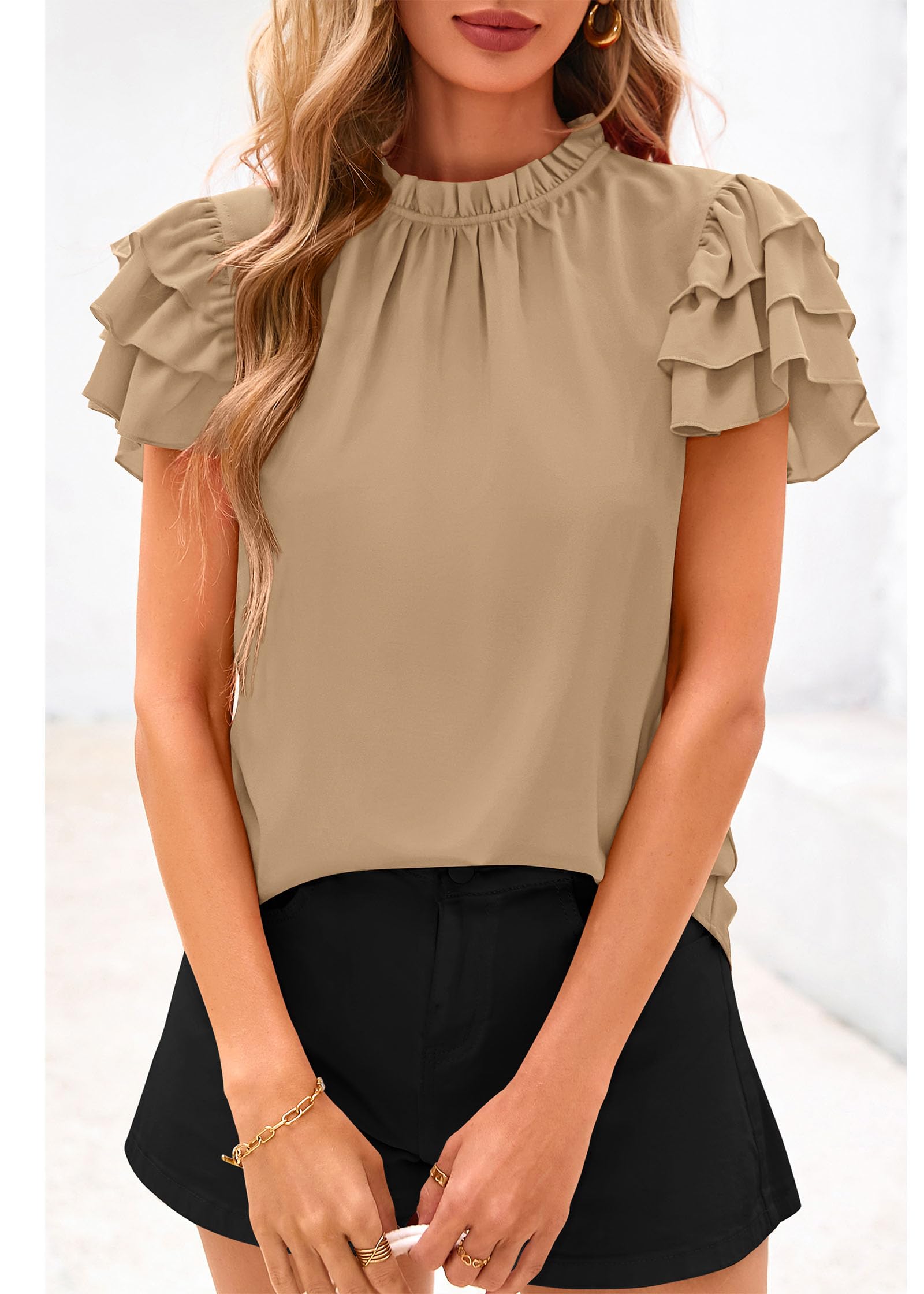 FreshPretty Blouses for Women Dressy Casual Spring Summer Ruffle Short Sleeve Mock Neck Work Shirts Tops Fashion Clothing