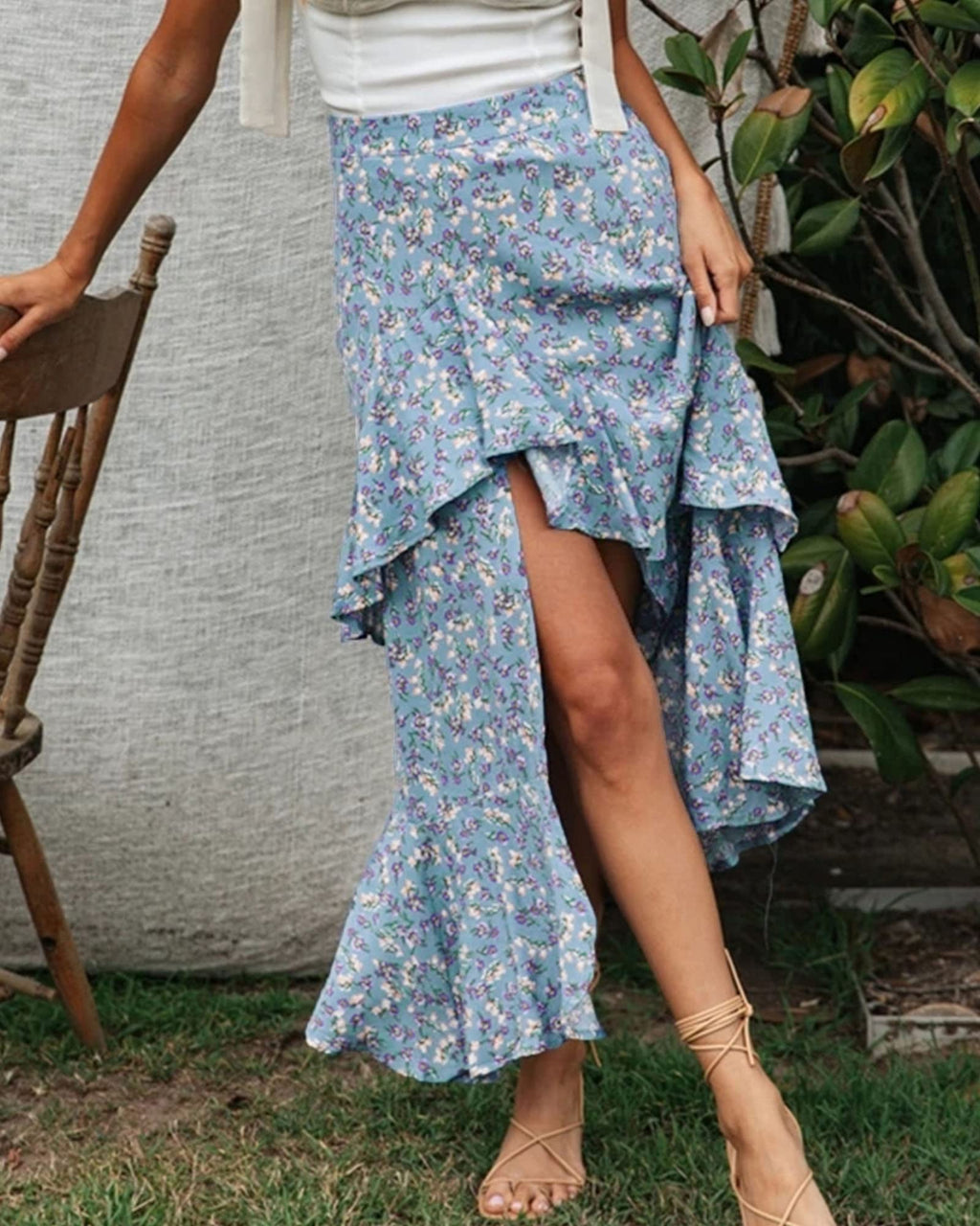 FreshPretty Women Summer Fall Boho Long Skirts Dress Floral Print Elastic Waist Split Ruffle High Low Beach Maxi Skirt