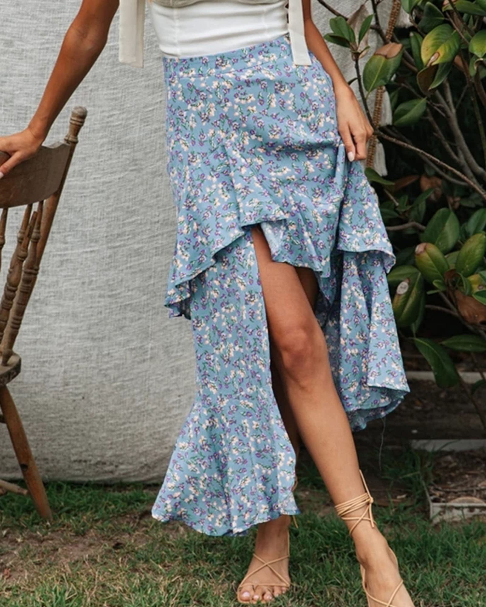 FreshPretty Women Summer Fall Boho Long Skirts Dress Floral Print Elastic Waist Split Ruffle High Low Beach Maxi Skirt