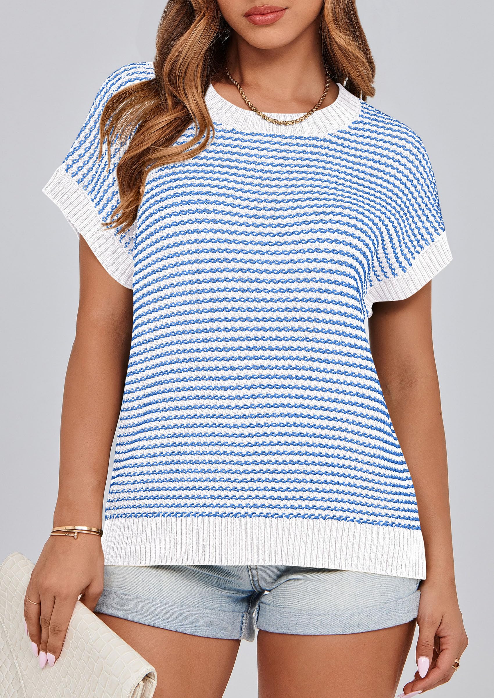 PRETTYGARDEN Womens Short Sleeve Sweater Spring Summer Round Neck Striped Pullover Cap Sleeve Knit Sweater Vest Tops