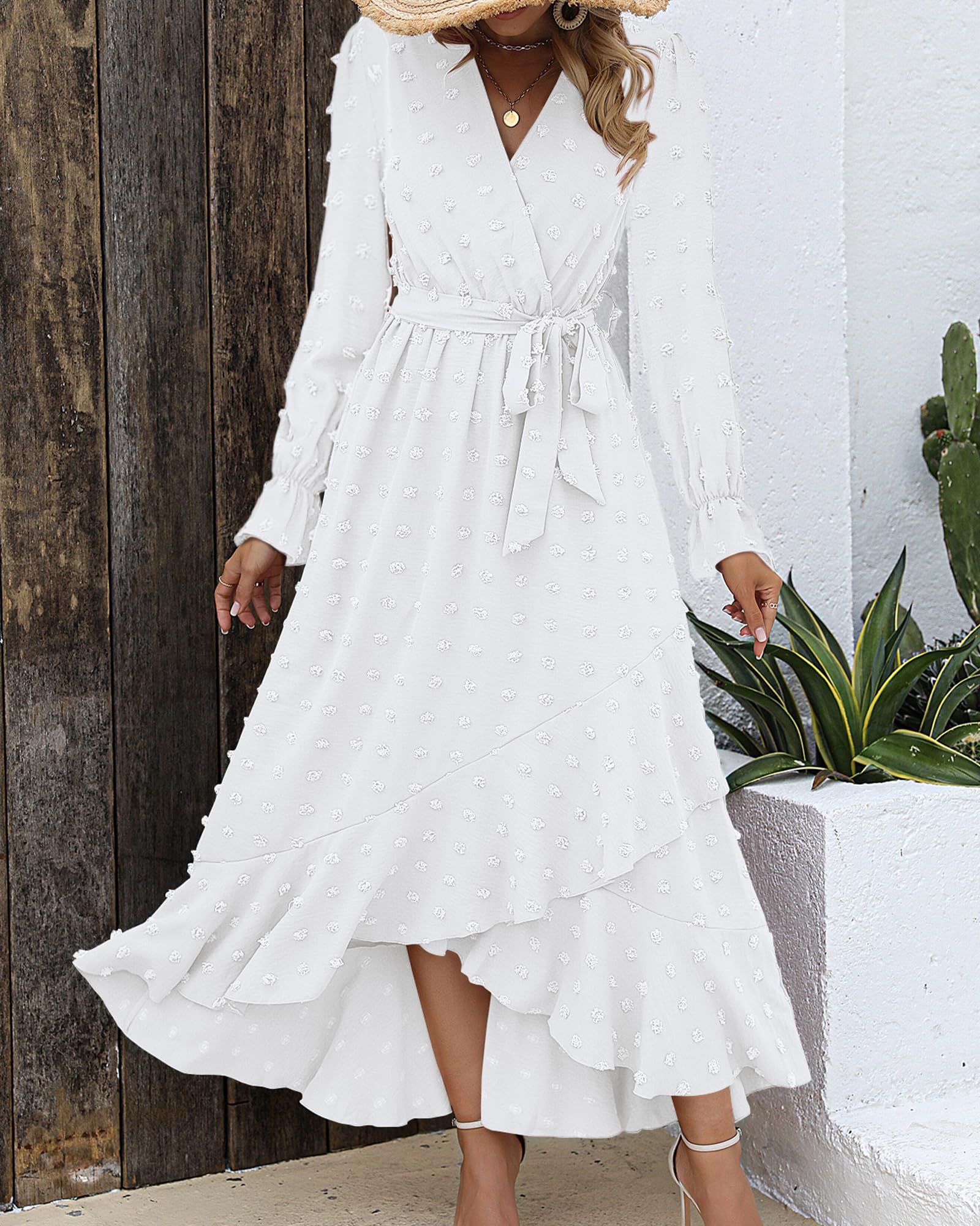 FreshPretty Long Sleeve Maxi Dresses for Women V Neck Swiss Dot Boho Flowy Slit Cocktail Wedding Guest Dress Fall Clothes