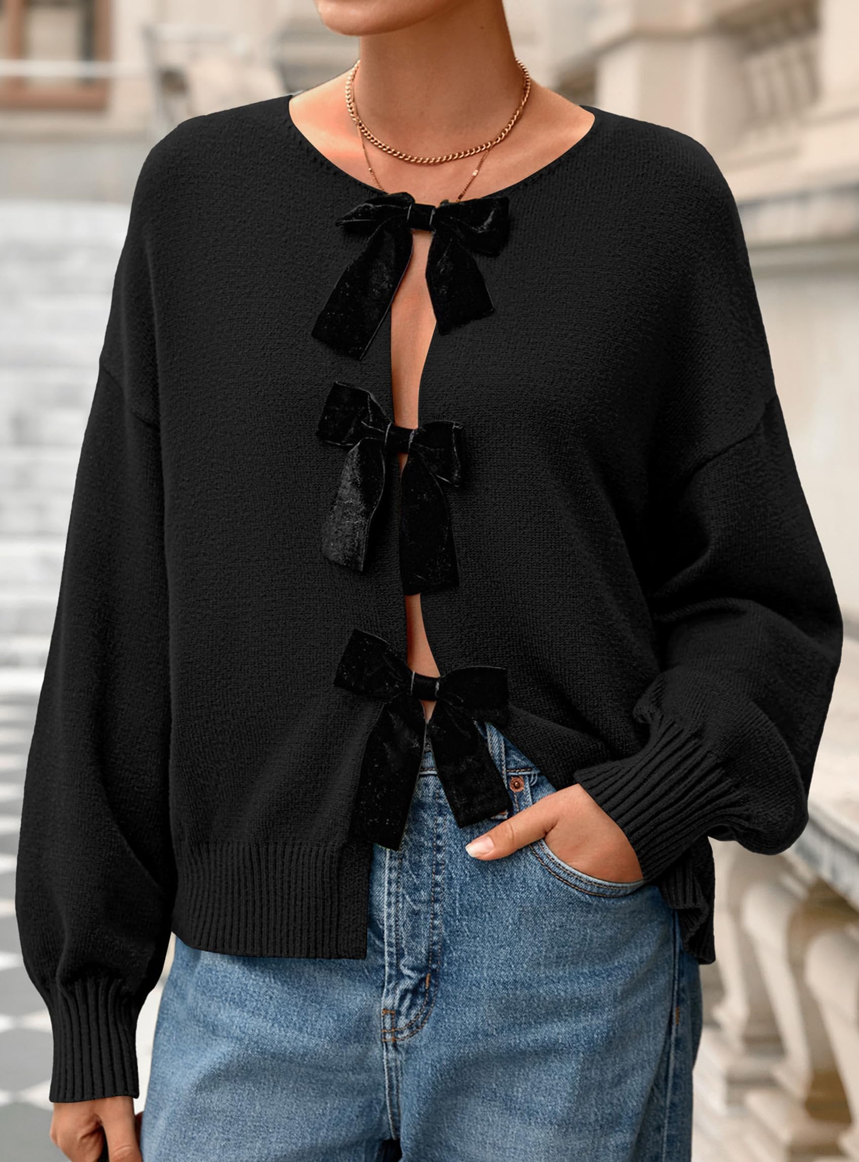 PRETTYGARDEN Cardigan Sweaters for Women Fall Fashion Bow Tie Front Long Sleeve Knit Sweater Tops Cute Winter Clothes