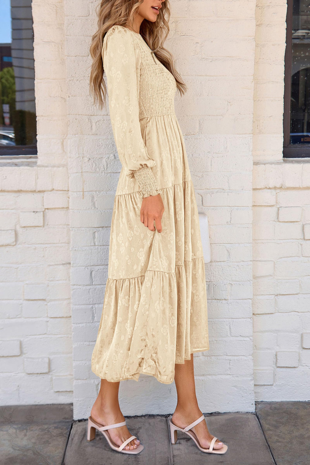 PRETTYGARDEN Women's Fall Spring Midi Dress Long Sleeve Floral Smocked Elegant Wedding Guest Long Flowy Dresses with Pockets