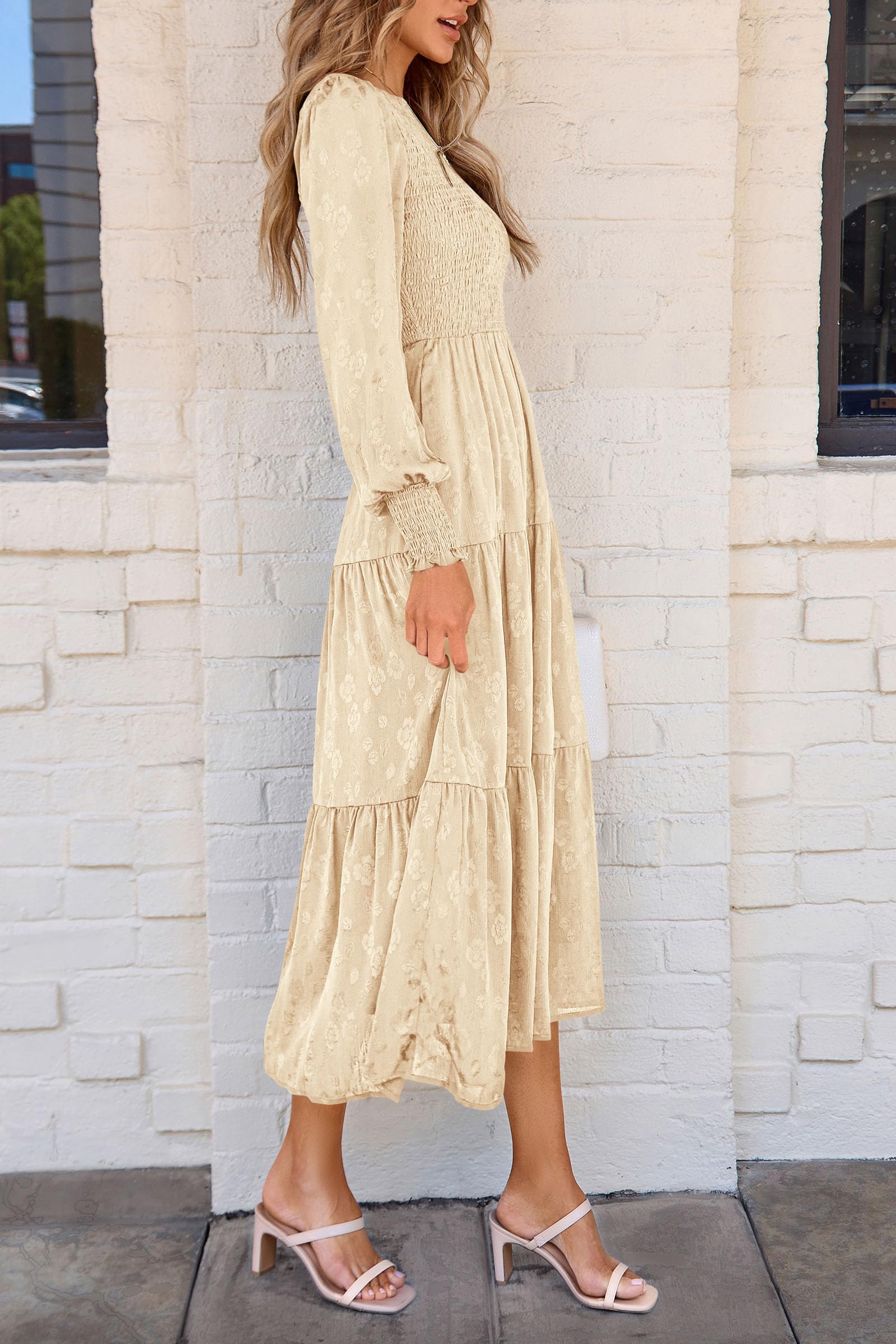 PRETTYGARDEN Women's Fall Spring Midi Dress Long Sleeve Floral Smocked Elegant Wedding Guest Long Flowy Dresses with Pockets