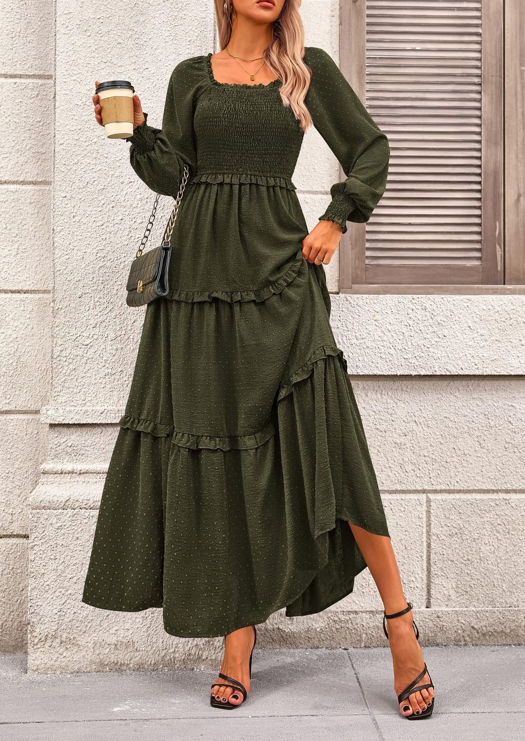 PRETTYGARDEN Fall Dresses for Women Long Sleeve Smocked Square Neck Swiss Dot Tiered Flowy Wedding Guest Maxi Dress