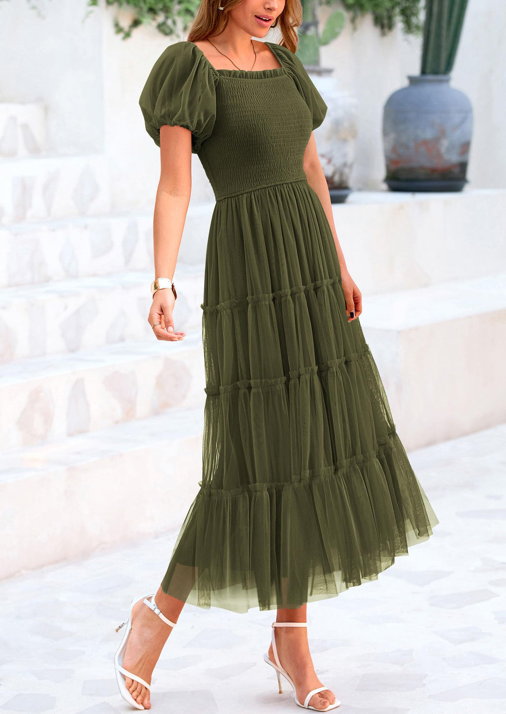 PRETTYGARDEN Women's Smocked Midi Tulle Dress  Summer Puffy Short Sleeve Square Neck Ruffle Wedding Guest Party Dresses
