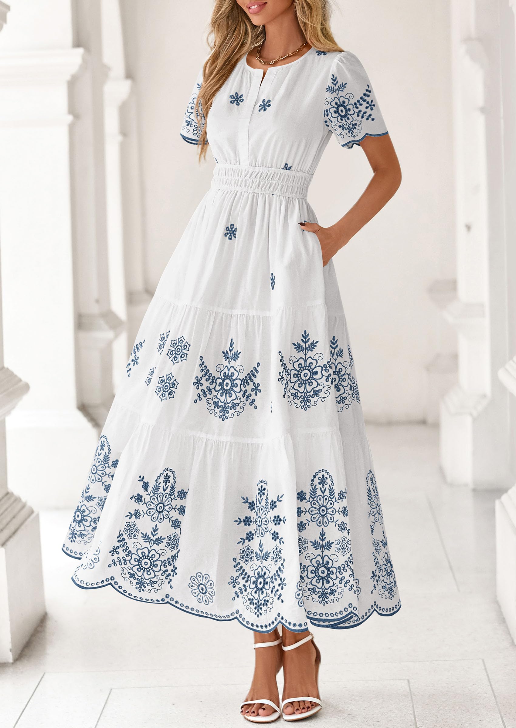 PRETTYGARDEN Boho Dresses for Women Summer Spring Casual Floral Short Sleeve V Neck Maxi Elastic Waist Dress Pockets