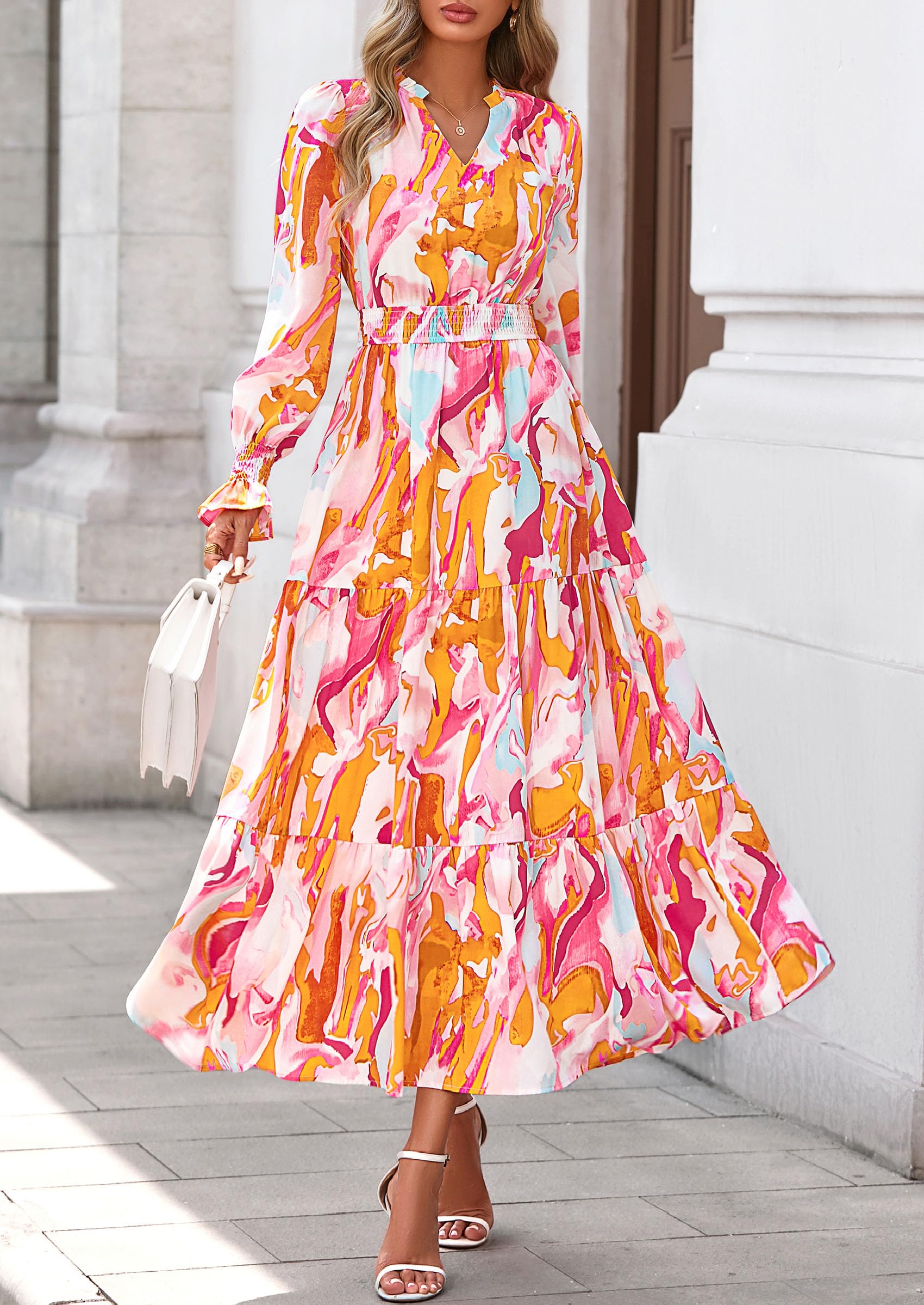 PRETTYGARDEN Women's Floral Maxi Dress Fall Long Sleeve V Neck Casual A Line Long Flowy Boho Party Dresses