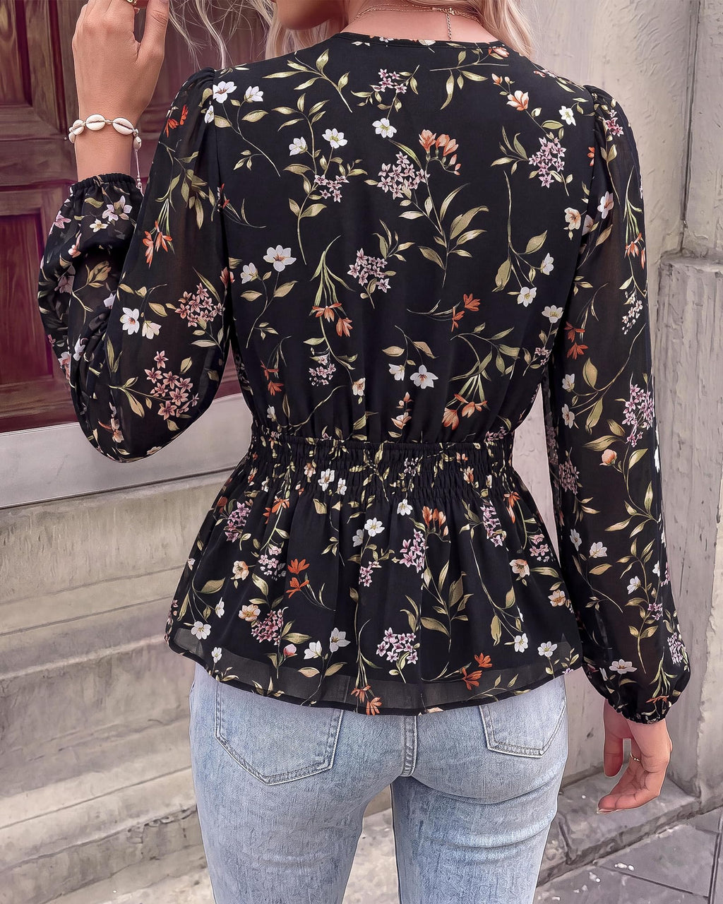 BTFBM Womens Tops Dressy Casual Floral V Neck Long Sleeve Chiffon Shirts | Chiffon Lantern Sleeve Flowy Peplum Sheer Top,Elastic Waist Babydoll Blouses,Boho Vacation Outfits,Fall Fashion Clothing
