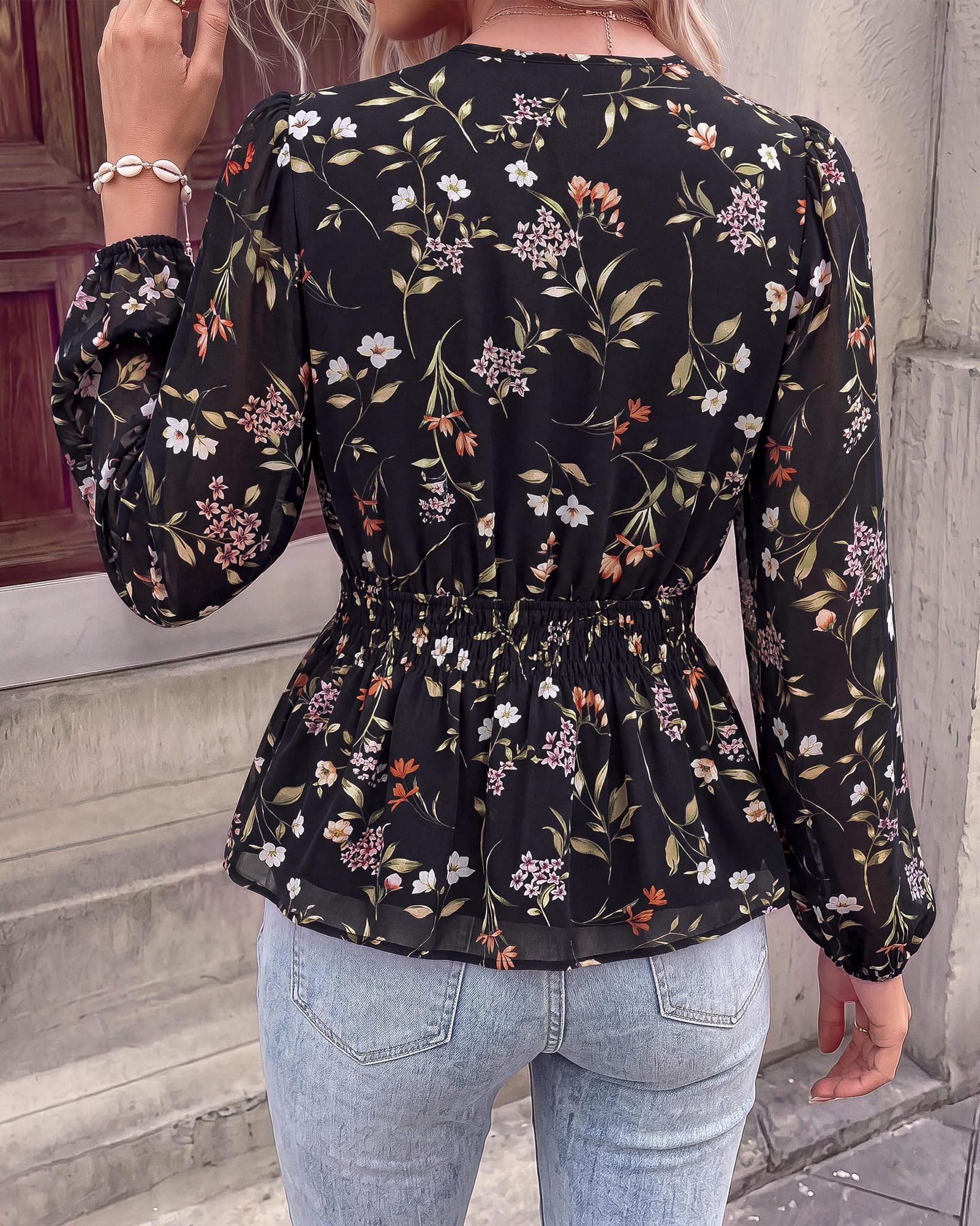 BTFBM Womens Tops Dressy Casual Floral V Neck Long Sleeve Chiffon Shirts | Chiffon Lantern Sleeve Flowy Peplum Sheer Top,Elastic Waist Babydoll Blouses,Boho Vacation Outfits,Fall Fashion Clothing