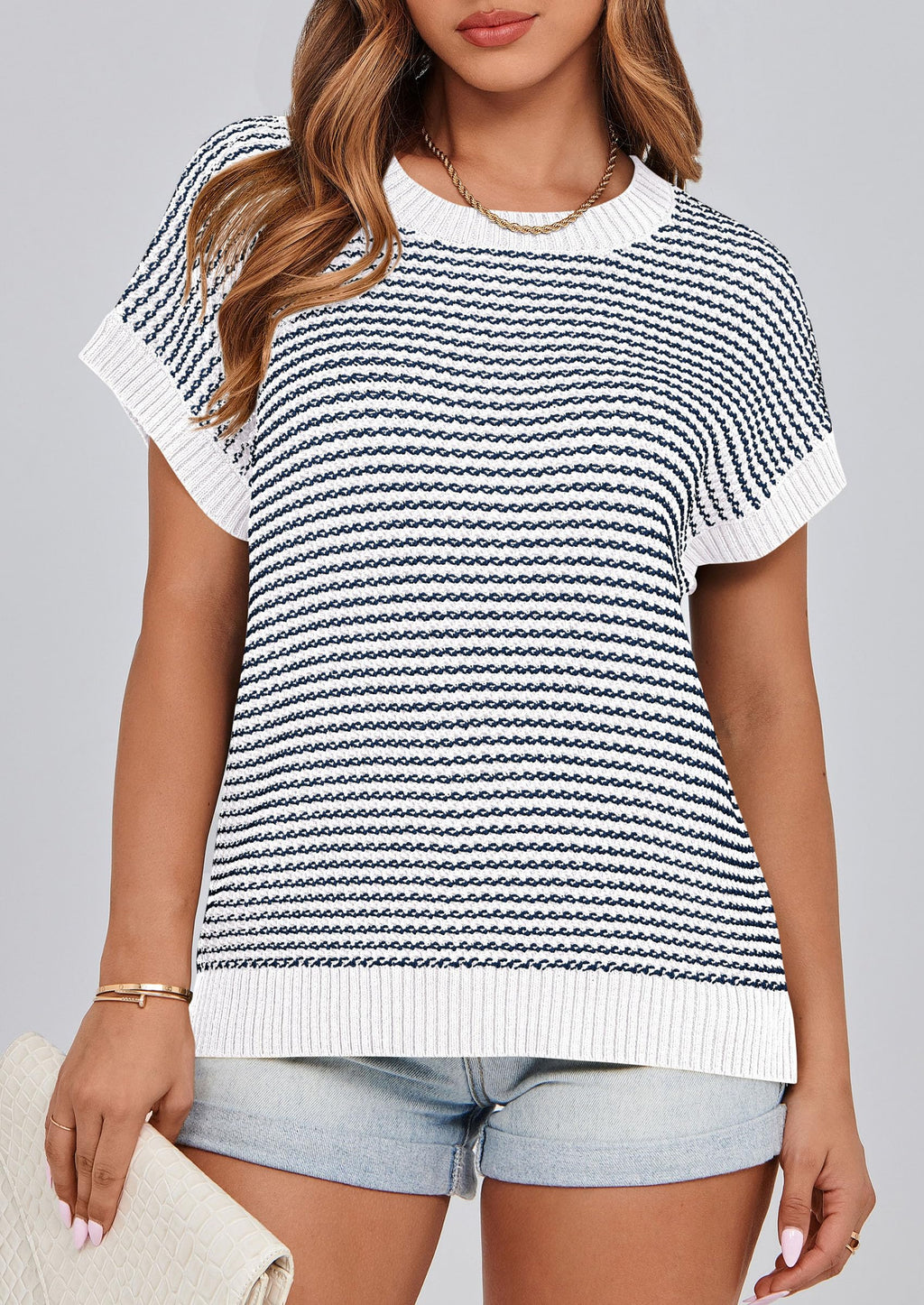 PRETTYGARDEN Womens Short Sleeve Sweater Spring Summer Round Neck Striped Pullover Cap Sleeve Knit Sweater Vest Tops