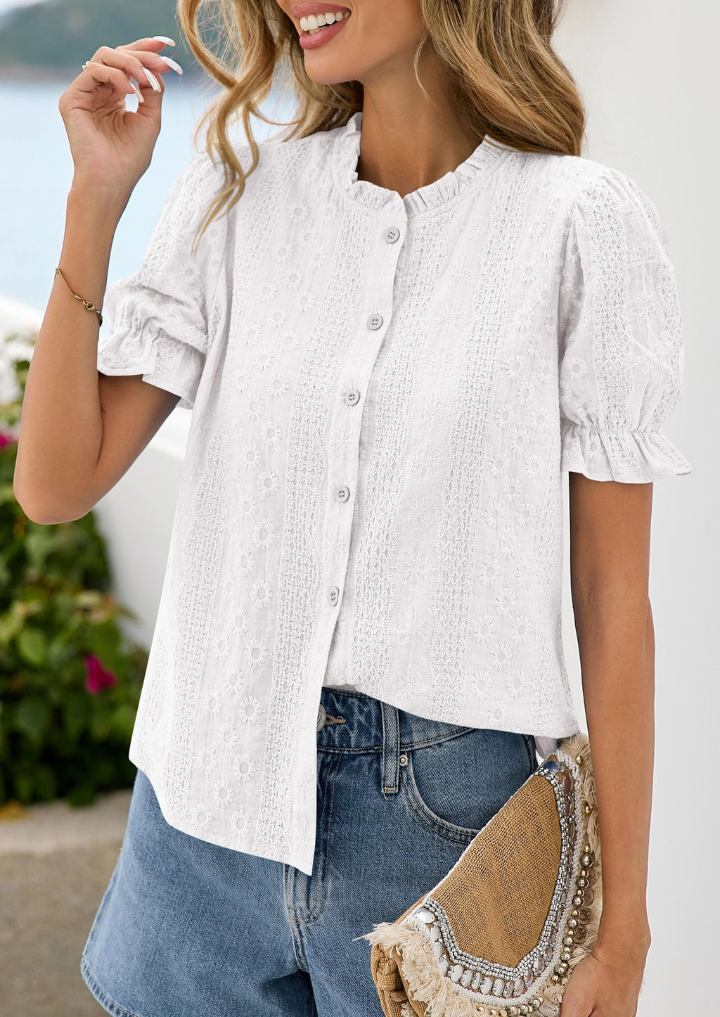 PRETTYGARDEN Womens Puff Short Sleeve Tops  Summer Spring Button Down Boho Embroidered Cute Blouse Dressy Casual Shirts