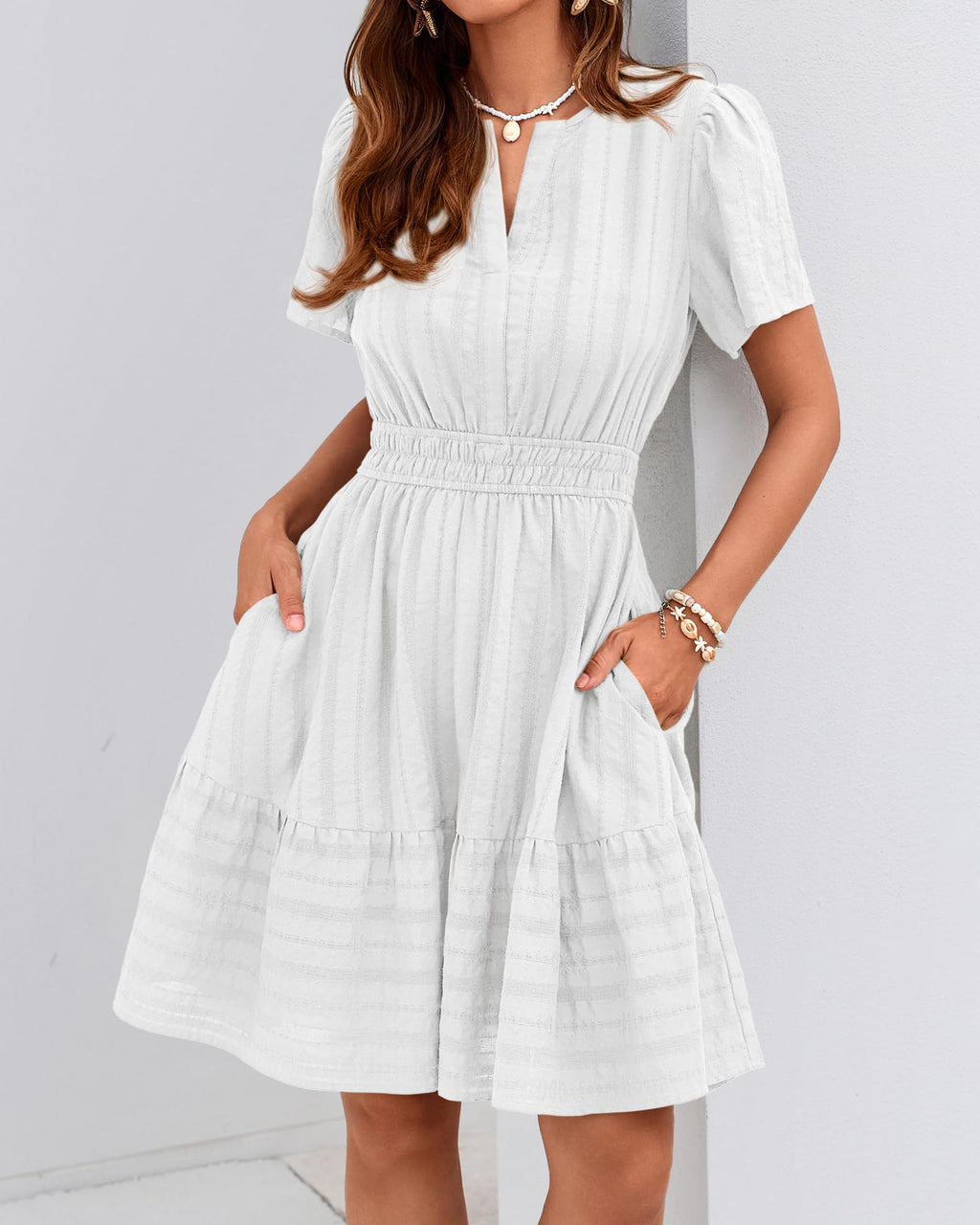 BTFBM Womens Spring  Casual Mini Dresses Lightweight Short Sleeve V Neck Elastic Waist Cute Boho Beach Dress Pockets