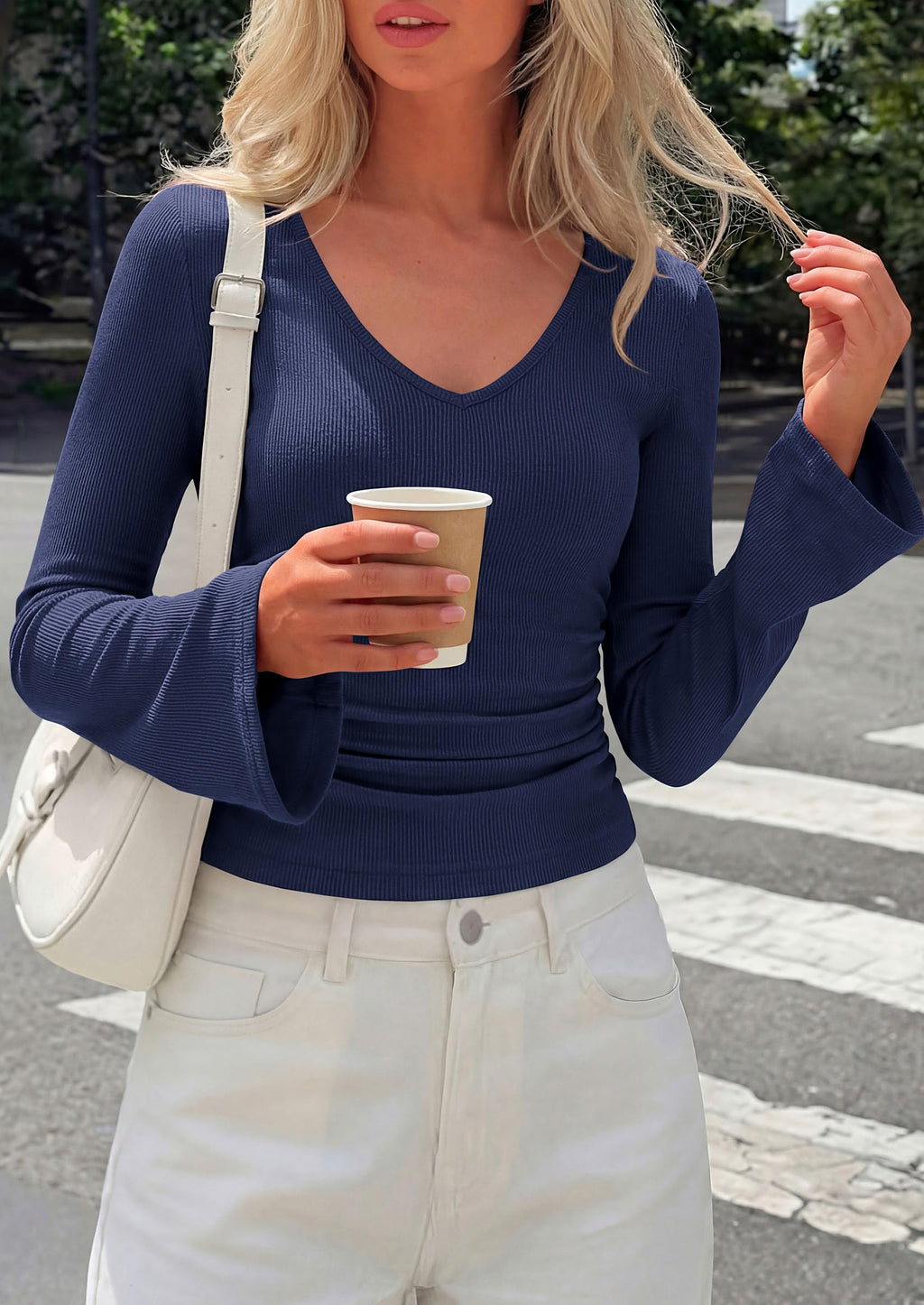 PRETTYGARDEN Women's Fall Trendy Bell Long Sleeve Tops | Soft Stretchy,Ribbed Textured,V Neck,Slim Fitted Shirts,Ruched Basic Tees,Y2K Going Out,Casual Outfits,Fashion Clothing