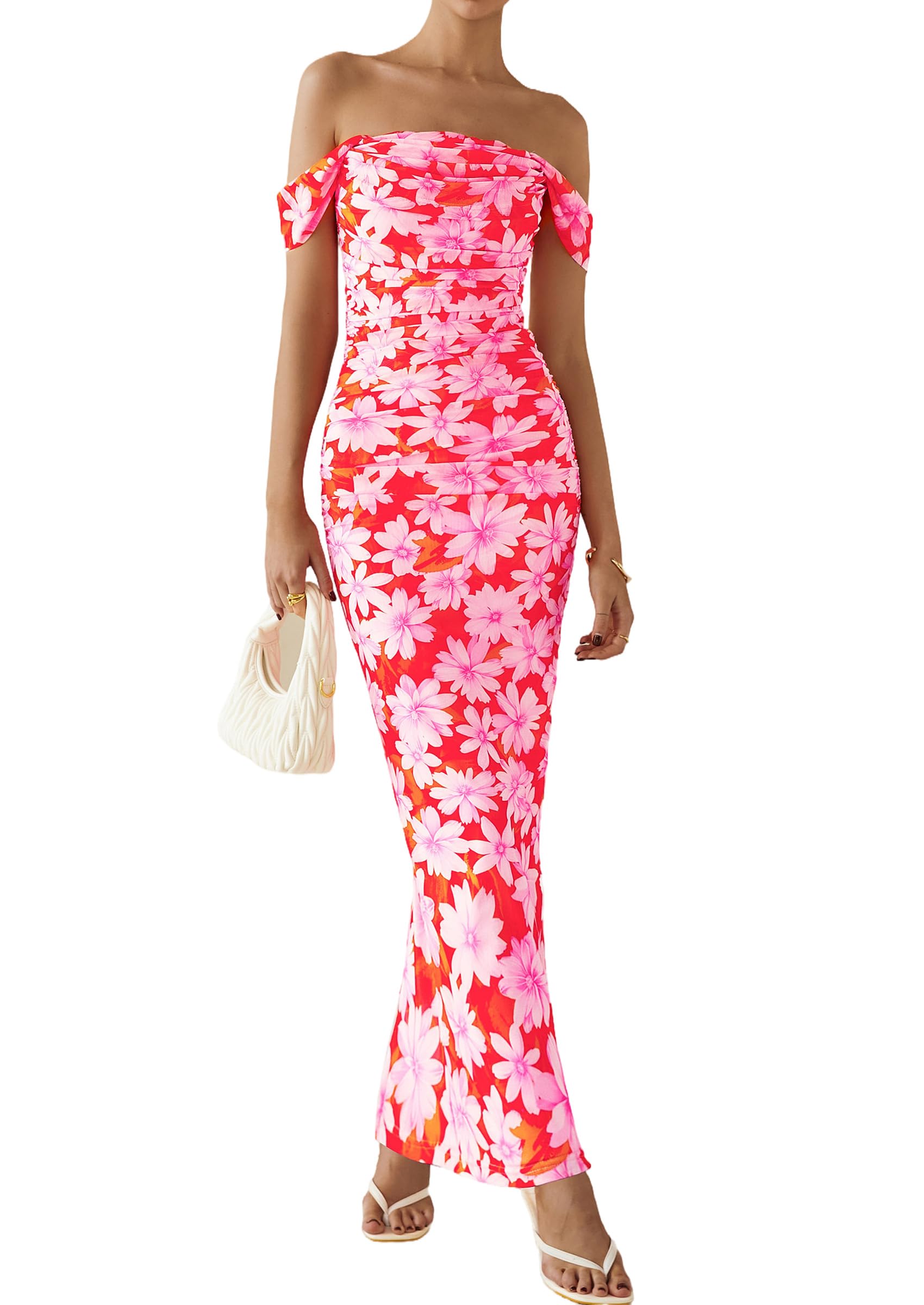 PRETTYGARDEN Cocktail Dresses for Women Summer Floral Off Shoulder Ruched Mesh Elegant Wedding Guest Maxi Dress