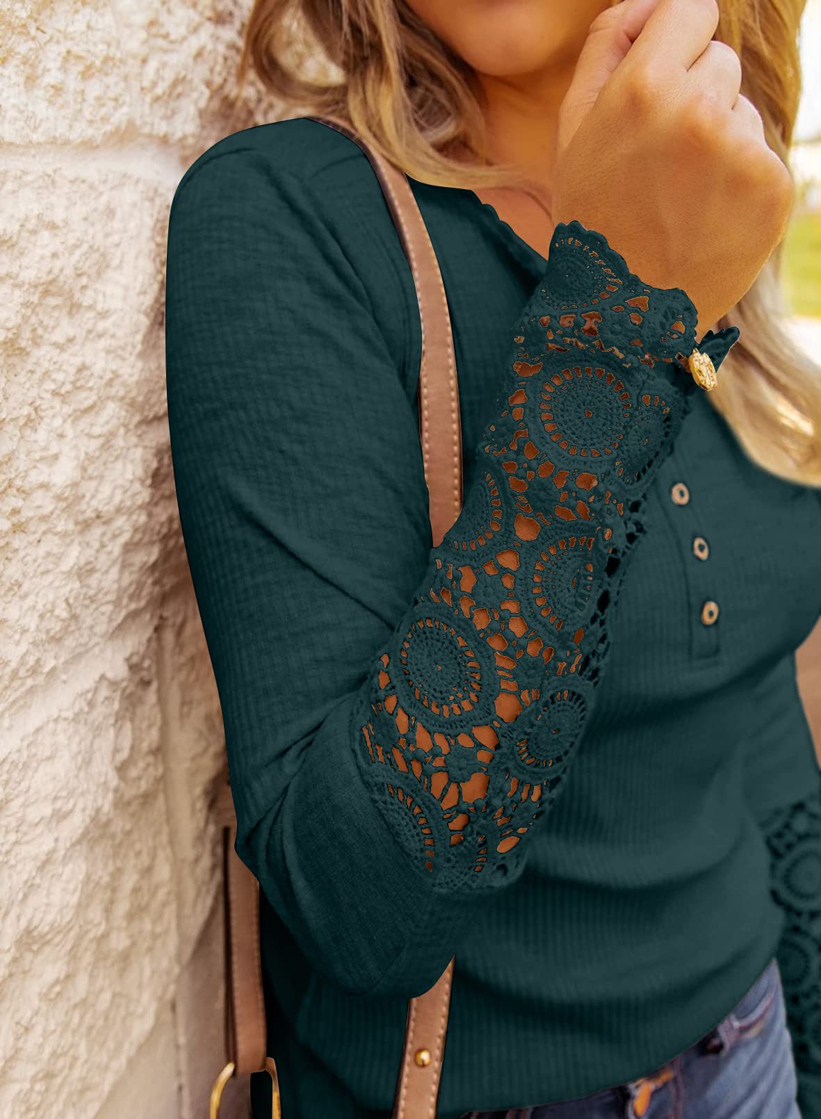 FreshPretty Women Long Sleeve Shirts Spring Solid Button Up V Neck Lace Long Sleeves Slim Fit Knit Casual Fall T-Shirts